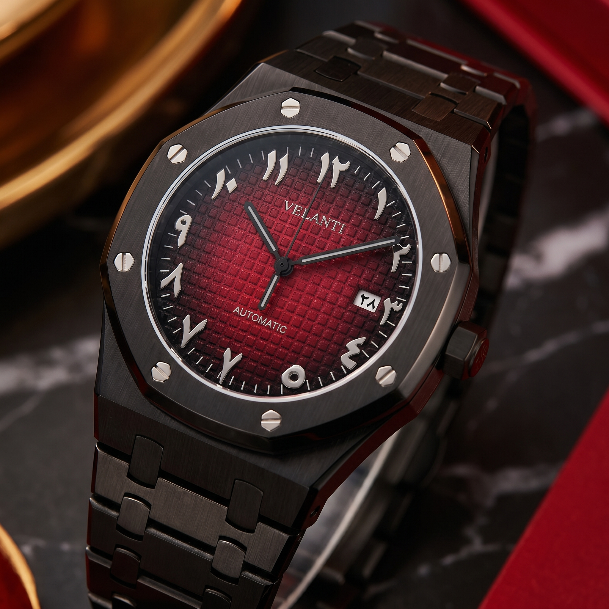Royal Oak-style automatic watch, Velanti Milano Royal Veloak Arabic Black Red, angled product photo