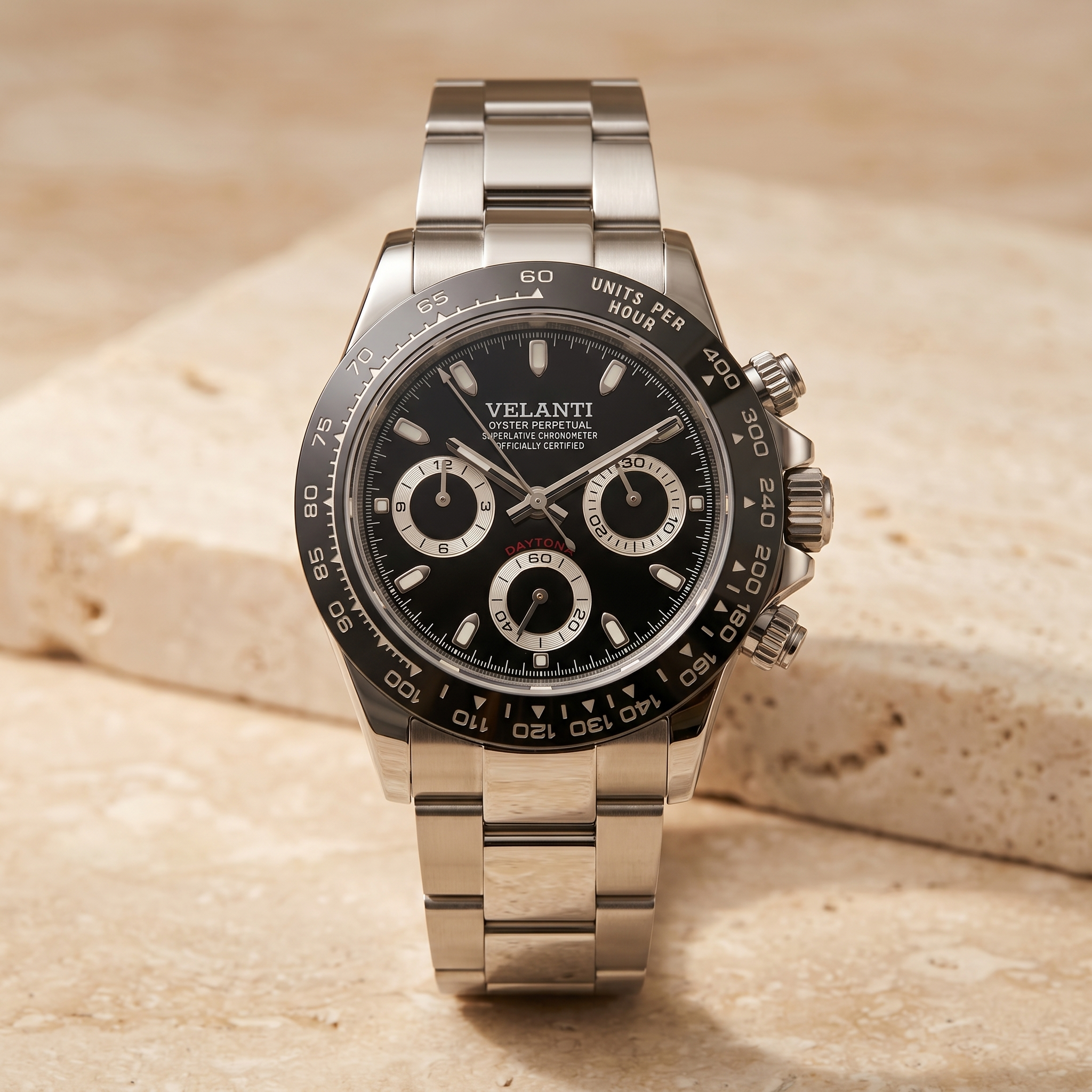Daytona-style chronograph watch, Velanti Milano Veltona Black Panda, angled product photo