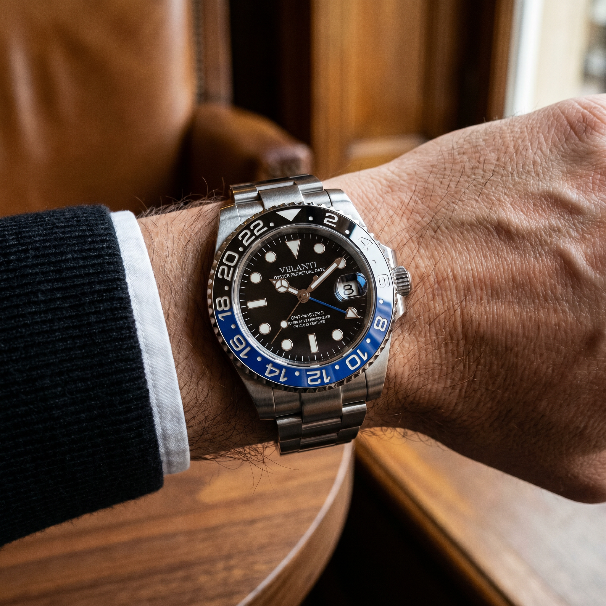 GMT-style automatic watch, Velanti Milano Gmtvel Batman worn on wrist photo 2