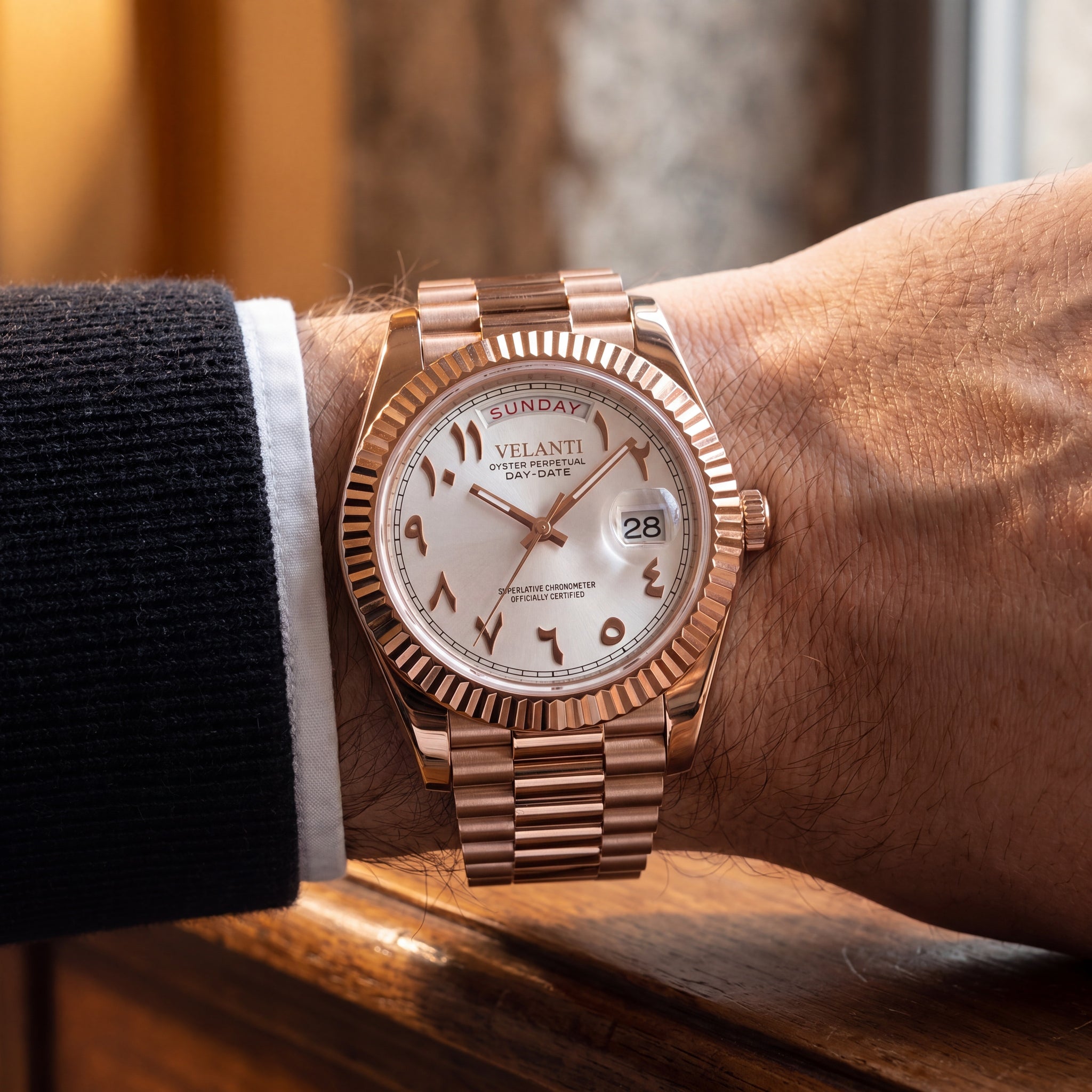 Datejust-style automatic watch, Velanti Milano Veljust Daydate Rose Gold White Arabic, product photo 6