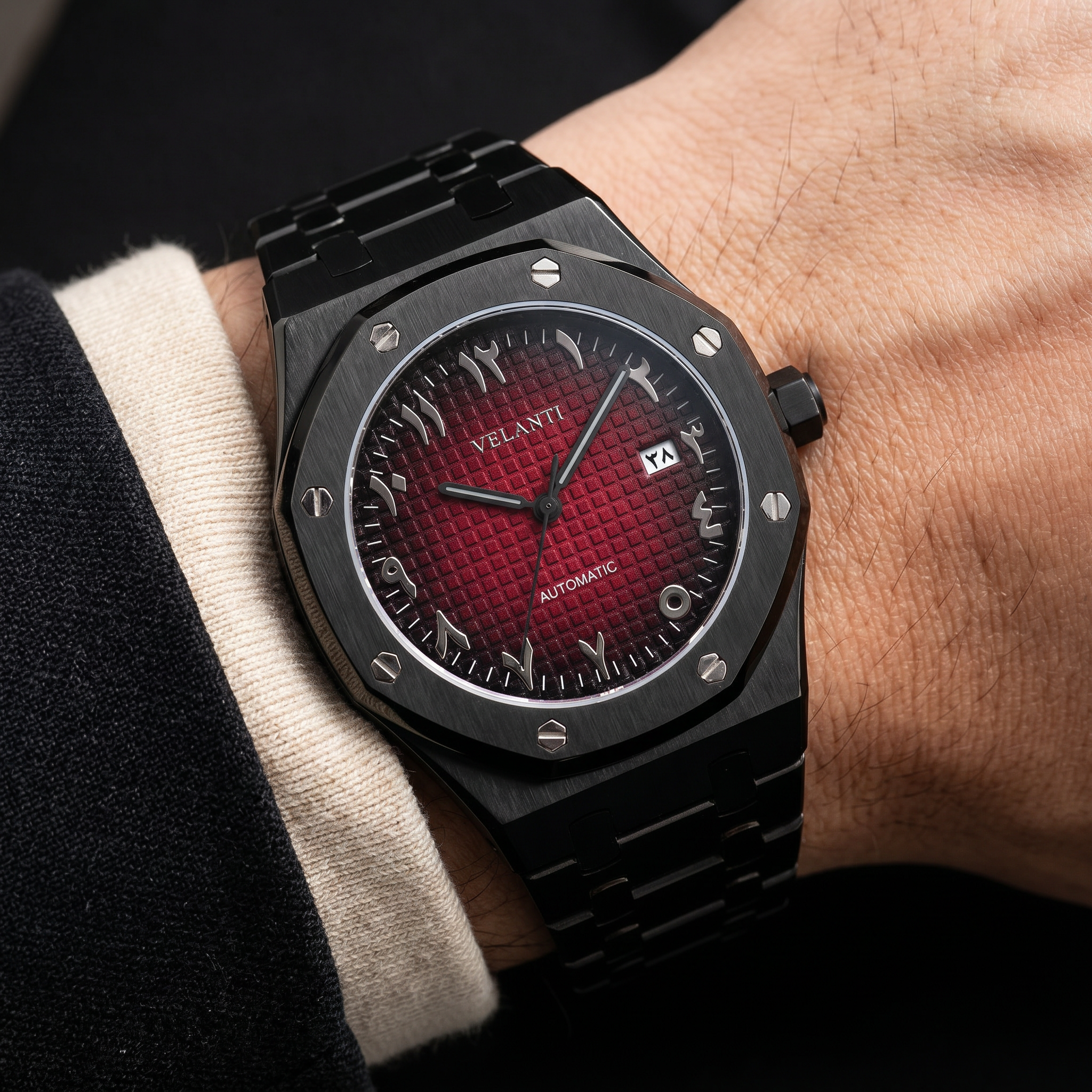 Royal Oak-style automatic watch, Velanti Milano Royal Veloak Arabic Black Red worn on wrist photo 4