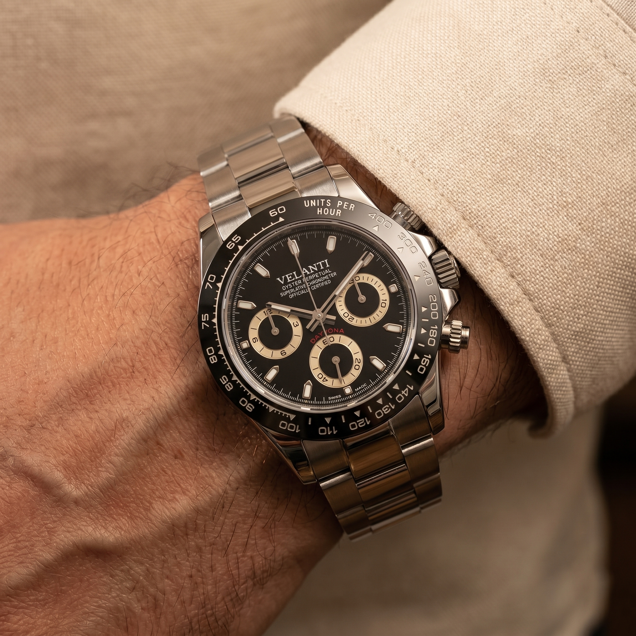 Daytona-style chronograph watch, Velanti Milano Veltona Black Panda worn on wrist photo 7