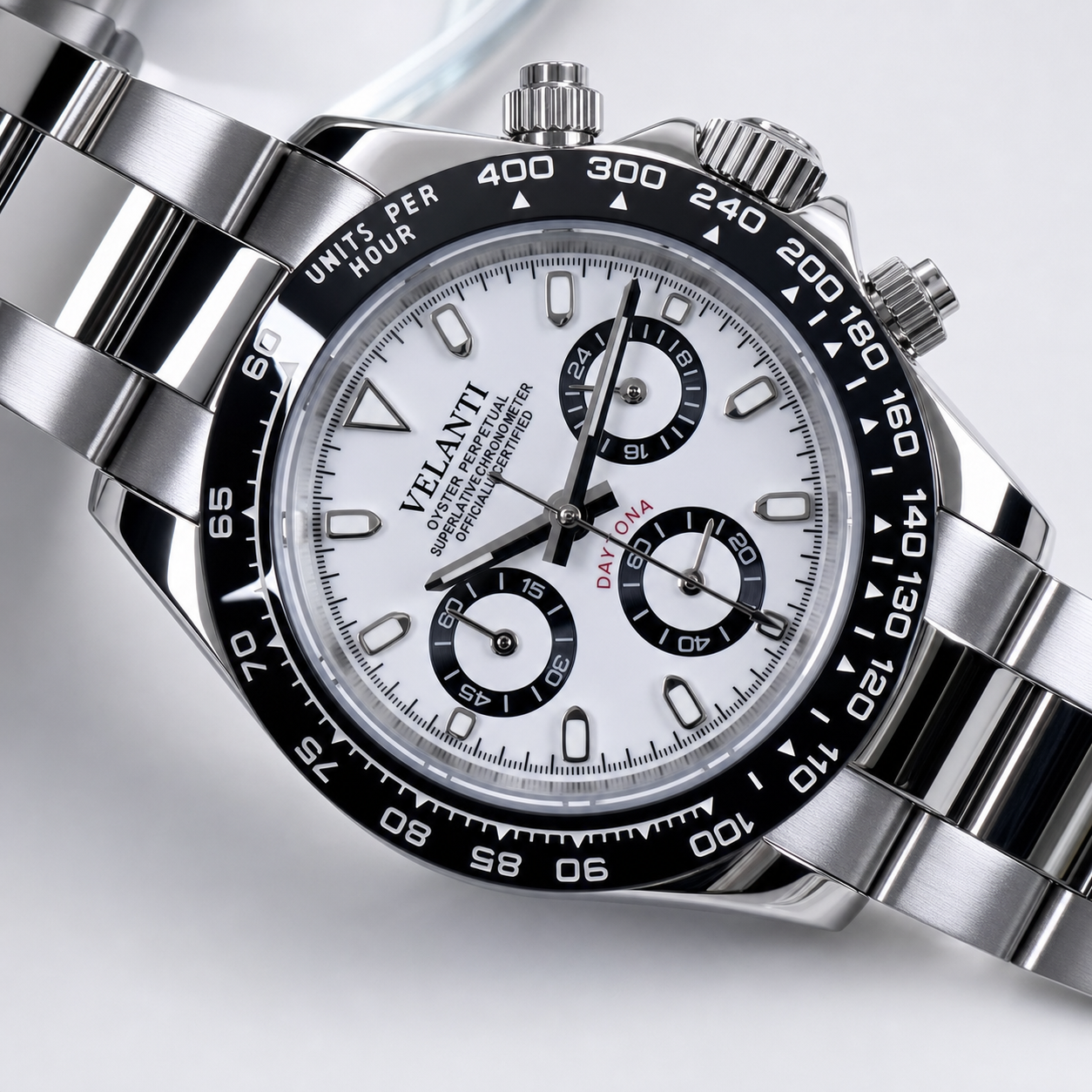 Velanti Milano Veltona Panda chronograph watch, three-quarter front view