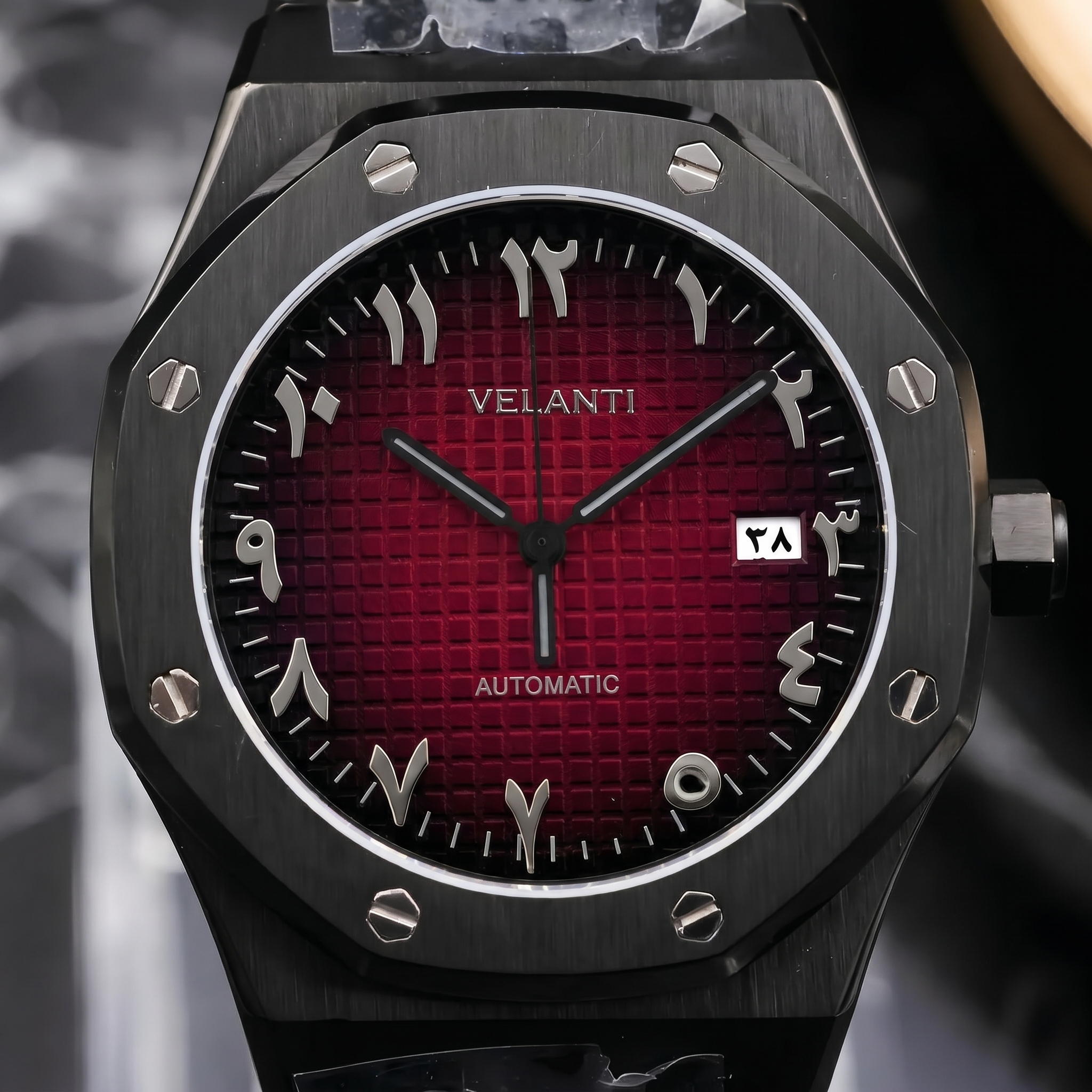 Royal Oak-style automatic watch, Velanti Milano Royal Veloak Arabic Black Red, dial close-up 6