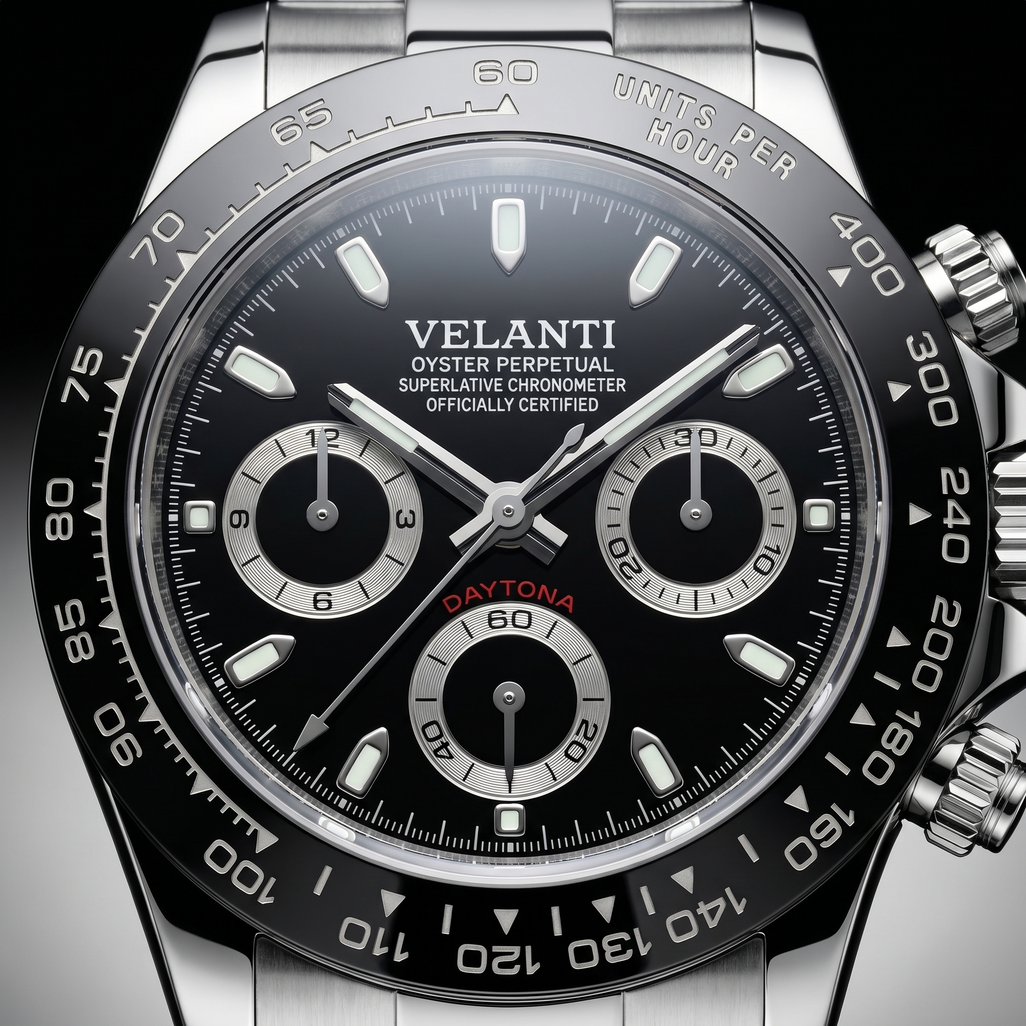 Daytona-style chronograph watch, Velanti Milano Veltona Black Panda, dial close-up 10