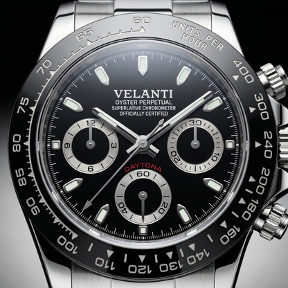 Daytona-style custom chronograph watch, Velanti Milano Veltona Black Panda, dial close-up 10
