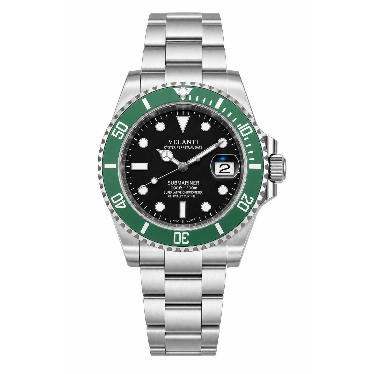 Submariner-style custom mod watch, Velanti Milano Velmariner Kermit, main product photo