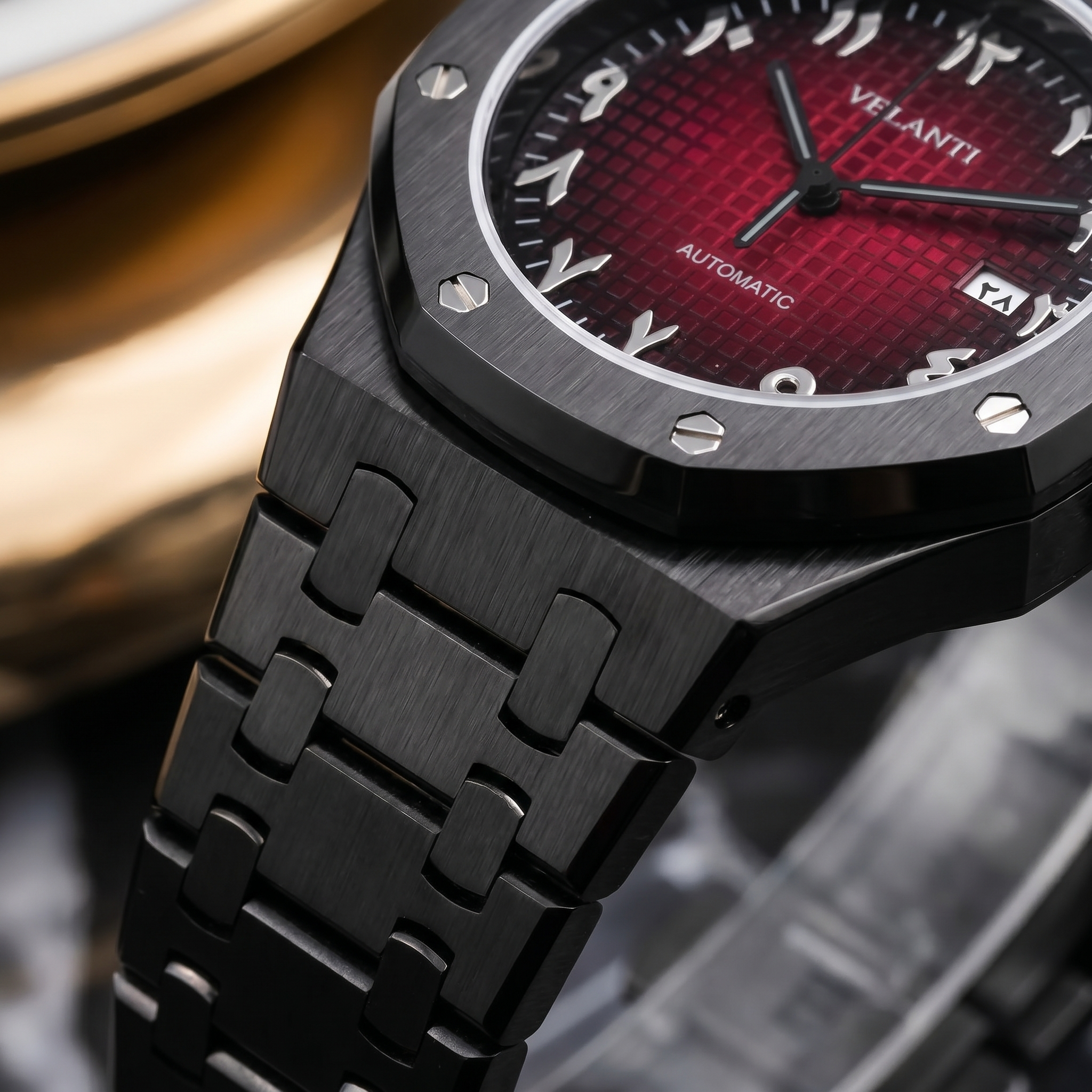 Royal Oak-style automatic watch, Velanti Milano Royal Veloak Arabic Black Red, dial close-up 7