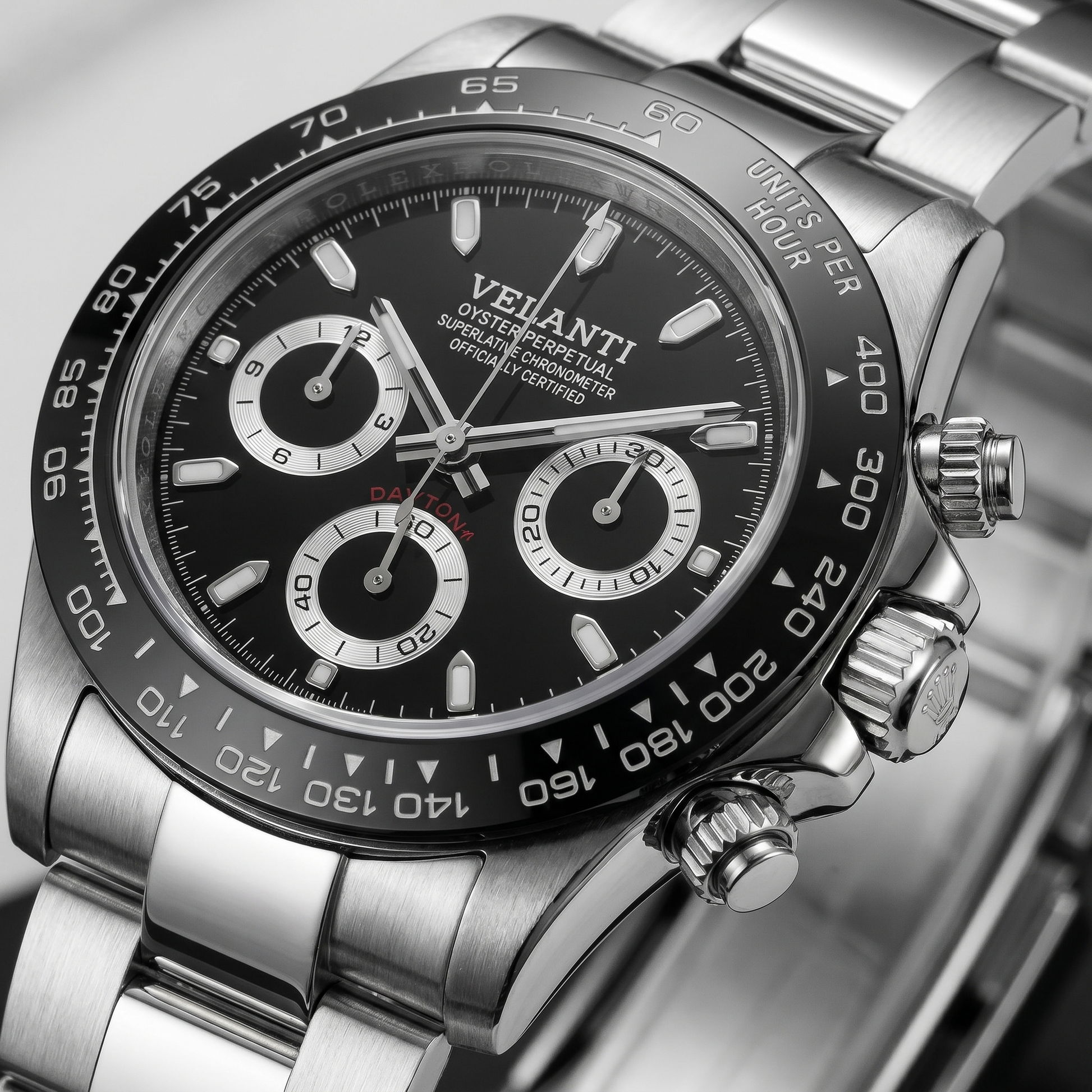 Daytona-style custom chronograph watch, Velanti Milano Veltona Black Panda, dial close-up 11