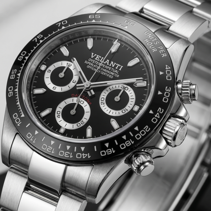 Daytona-style custom chronograph watch, Velanti Milano Veltona Black Panda, dial close-up 11