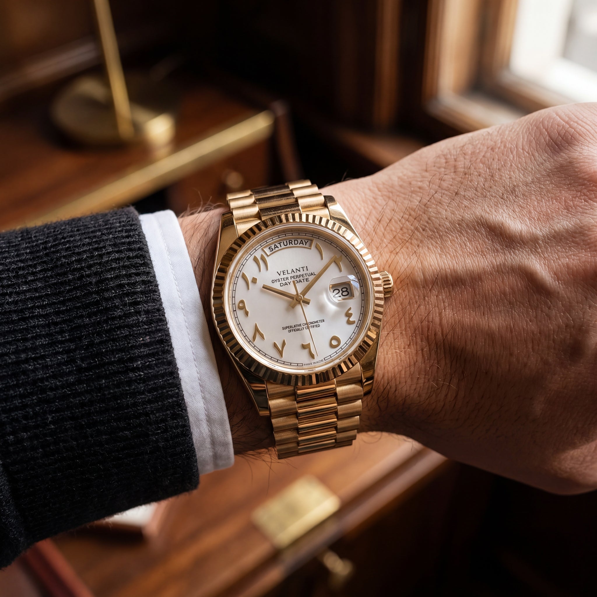 Datejust-style automatic watch, Velanti Milano Veljust Daydate Yellow Gold White Arabic, product photo 4