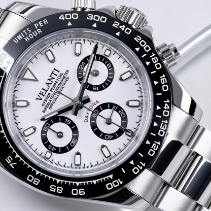 Velanti Milano Veltona Panda chronograph, dial and tachymeter bezel detail