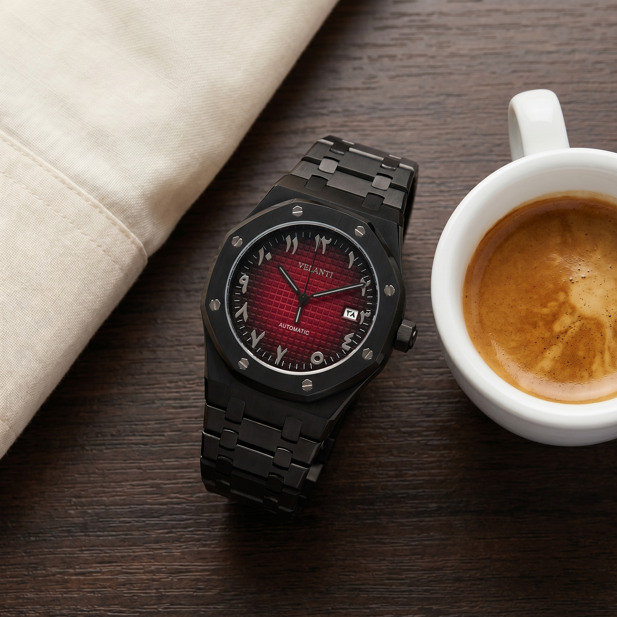 Royal Oak-style automatic watch, Velanti Milano Royal Veloak Arabic Black Red worn on wrist photo 8