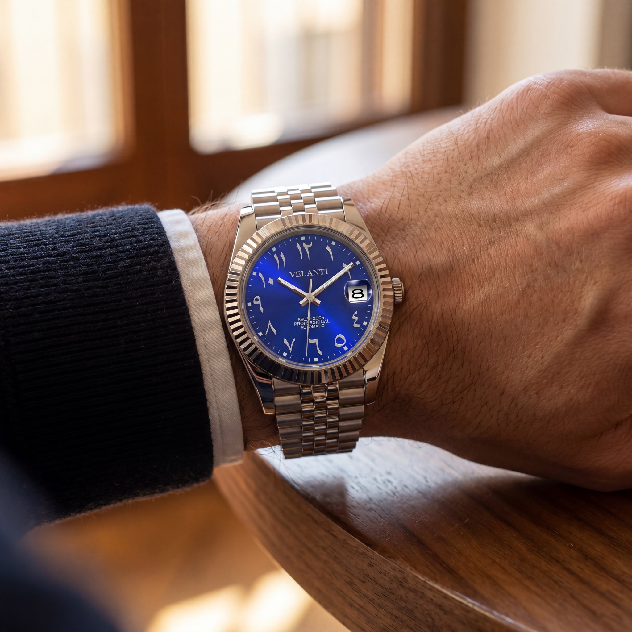 Datejust-style automatic watch, Velanti Milano Veljust Arabic Royal Blue, product photo 2