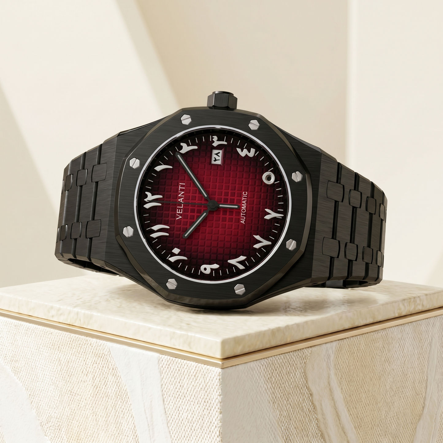 Royal Oak-style custom mod watch, Velanti Milano Royal Veloak Arabic Black Red, packaging photo