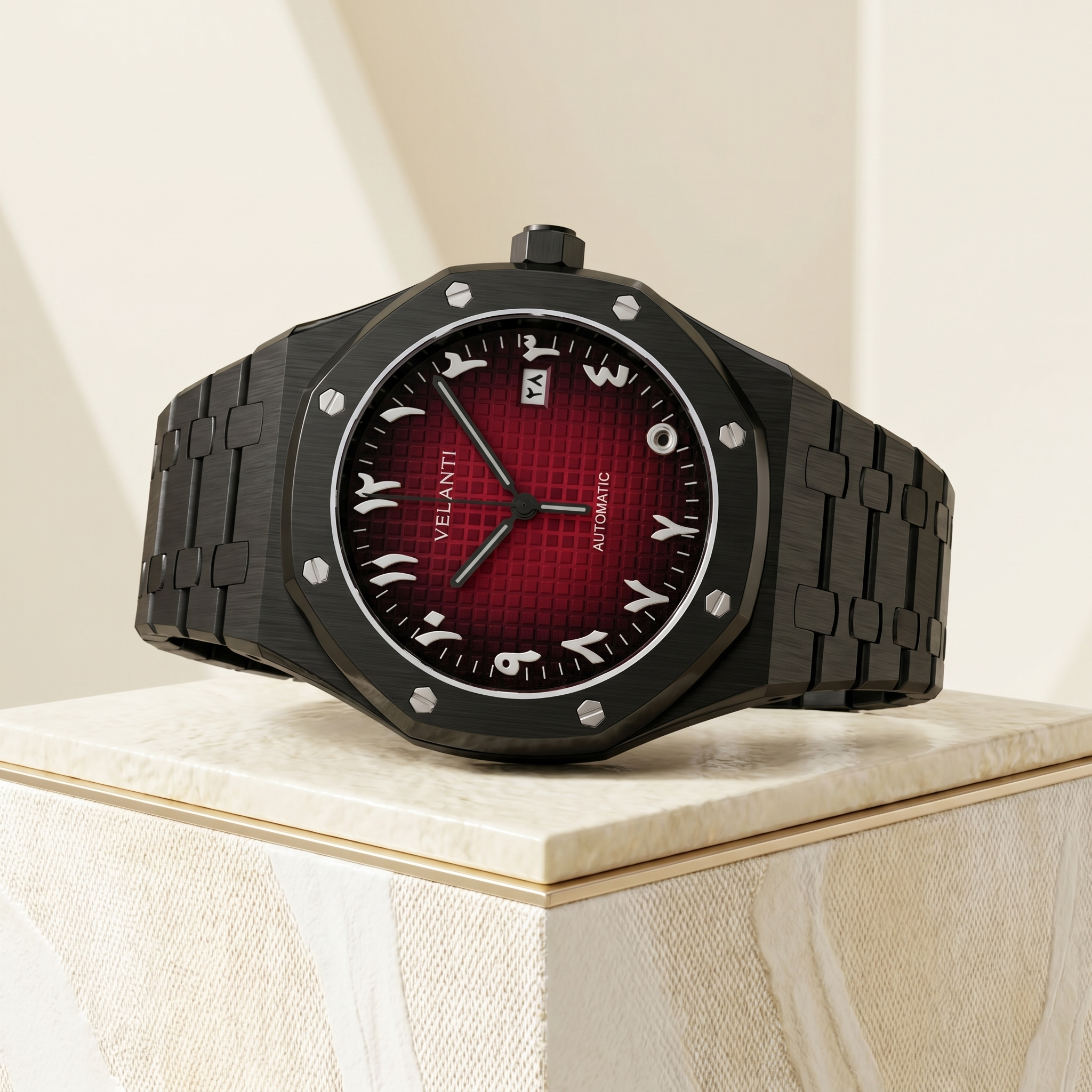 Royal Oak-style automatic watch, Velanti Milano Royal Veloak Arabic Black Red, packaging photo