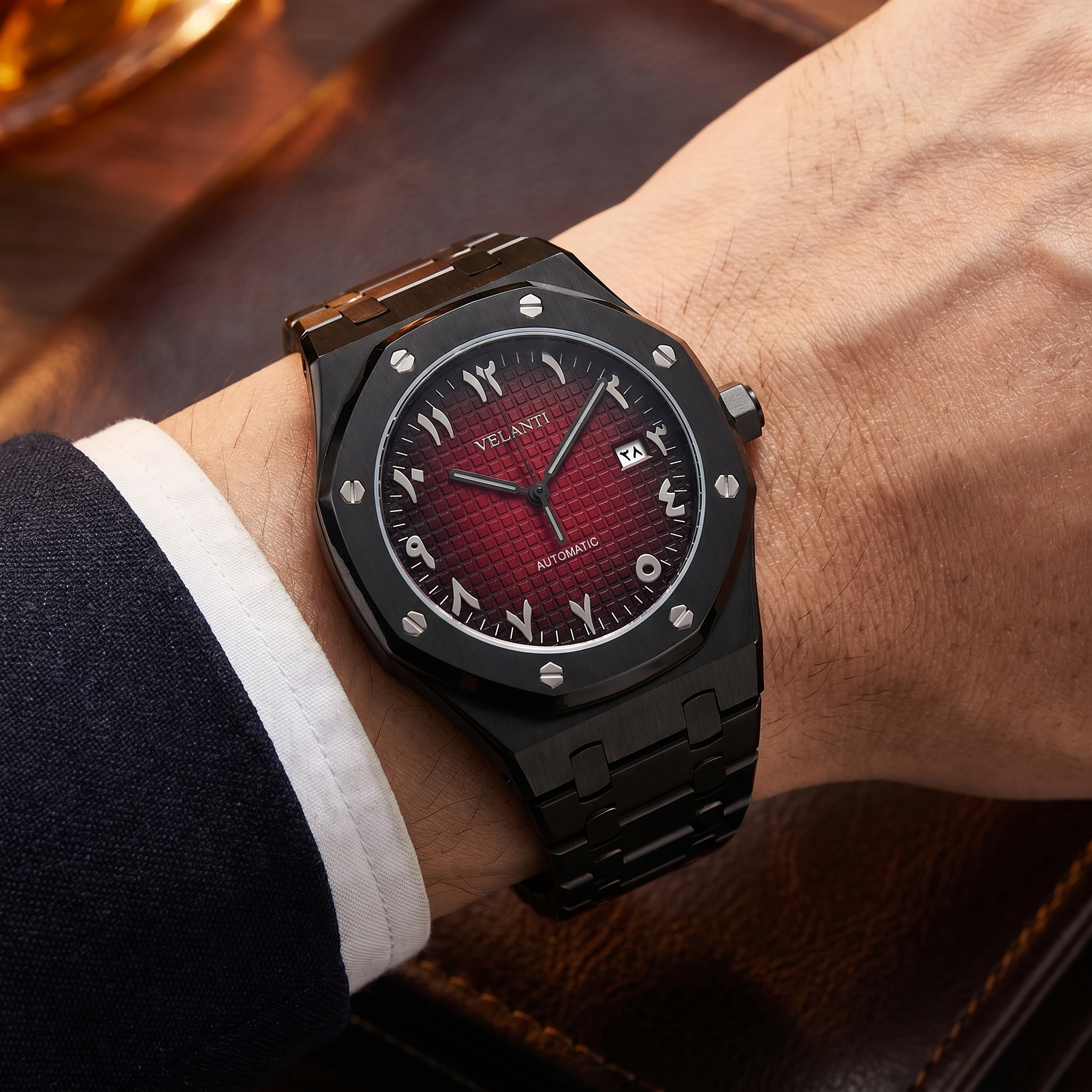 Royal Oak-style automatic watch, Velanti Milano Royal Veloak Arabic Black Red worn on wrist photo 10