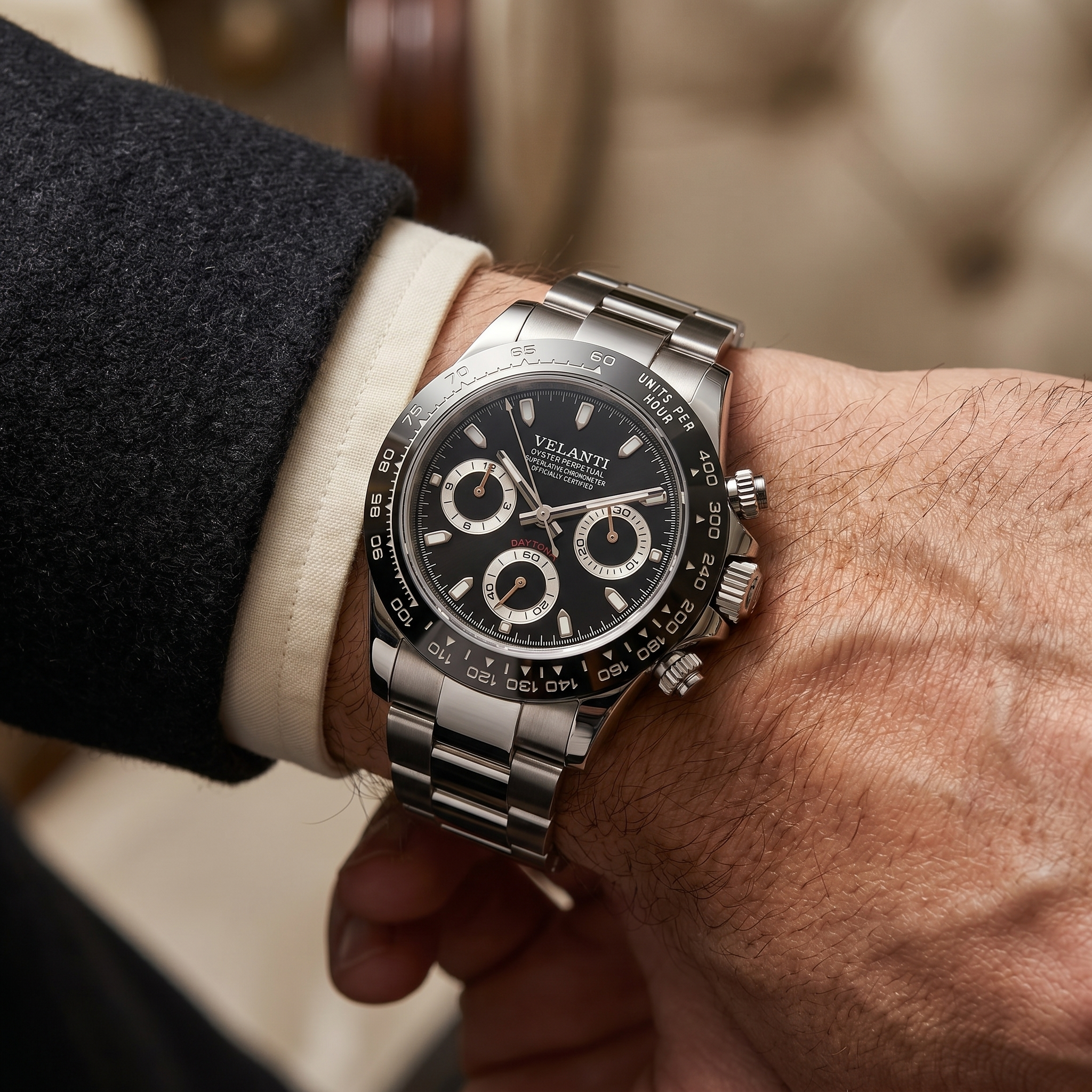 Daytona-style chronograph watch, Velanti Milano Veltona Black Panda worn on wrist photo 2
