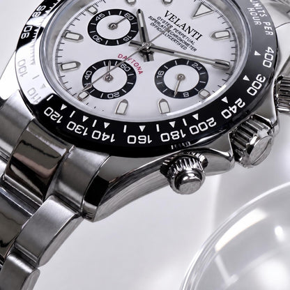 Velanti Milano Veltona Panda watch, crown and chronograph pusher detail