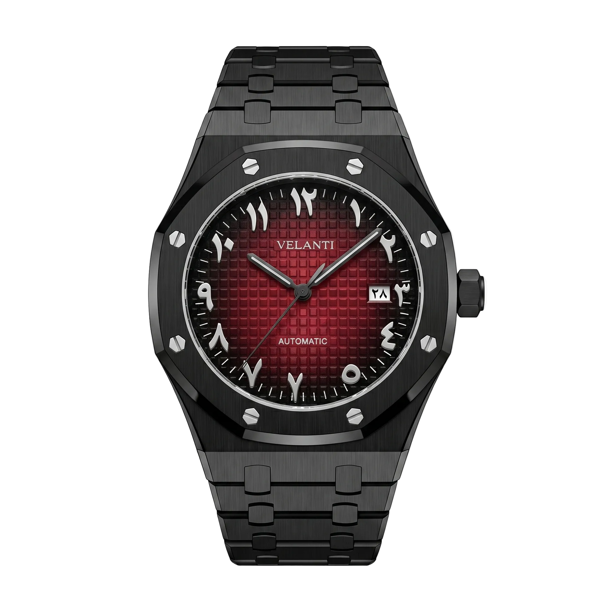 Royal Oak-style custom automatic watch, Velanti Milano Royal Veloak Arabic Black Red, case back photo