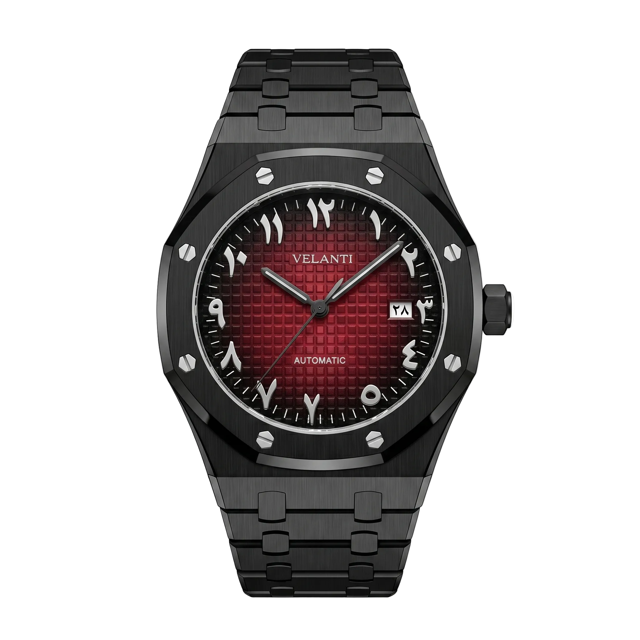Royal Oak-style automatic watch, Velanti Milano Royal Veloak Arabic Black Red, case back photo