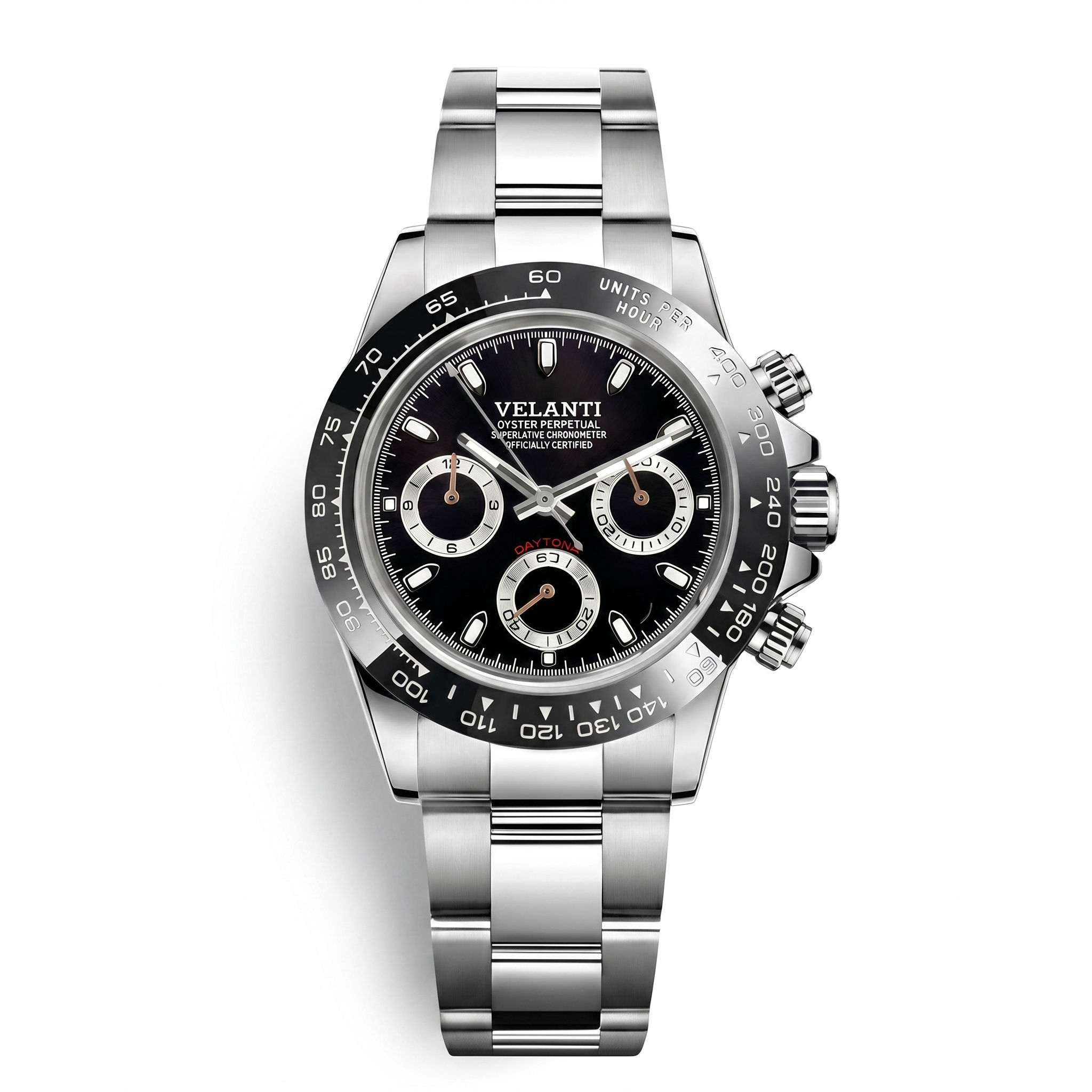 Daytona-style chronograph watch, Velanti Milano Veltona Black Panda, case back photo