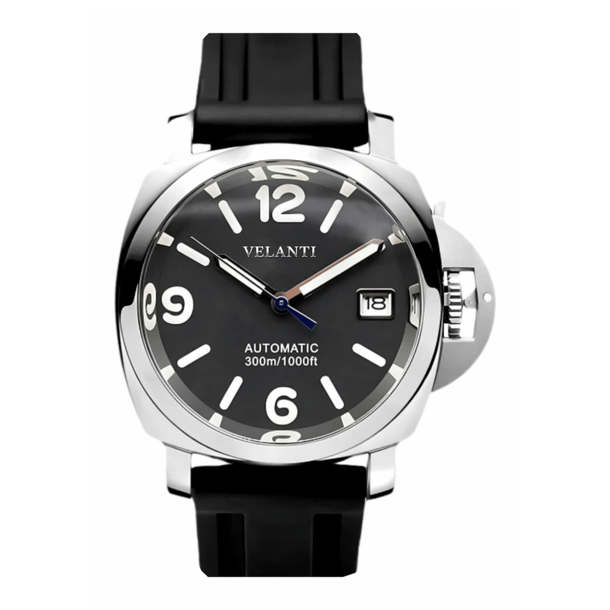 Panerai-style automatic watch, Velanti Milano Panvel Black Rubber, main product photo