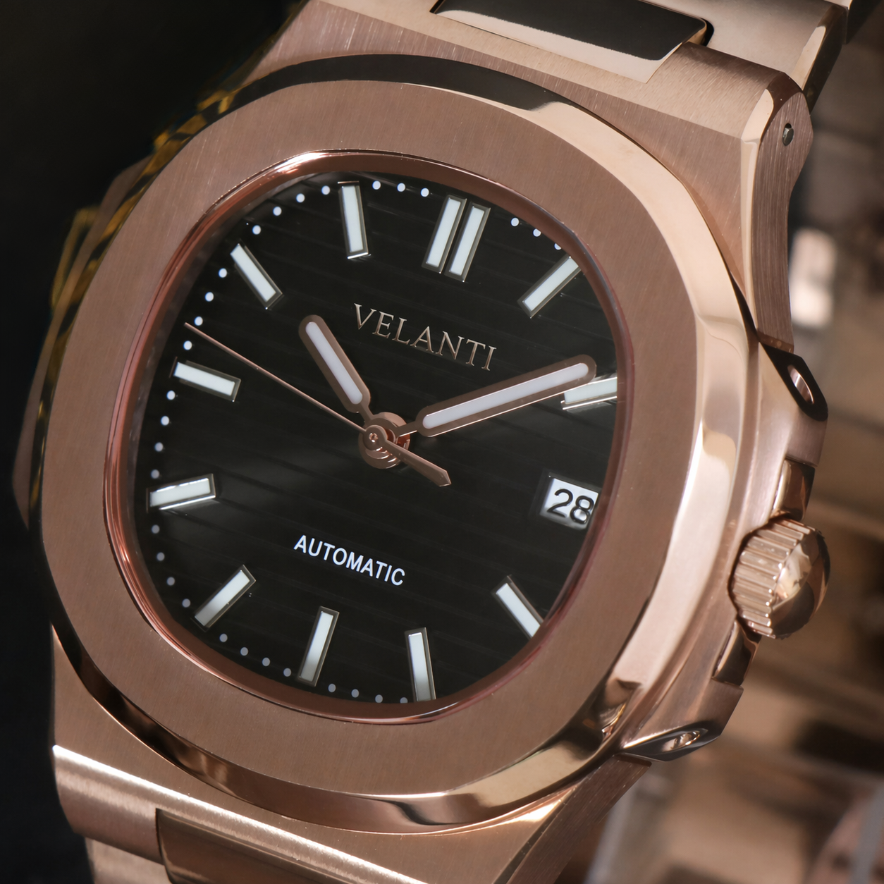 Nautilus-style automatic watch, Velanti Milano Nautvel Rose Gold Black, product photo 2