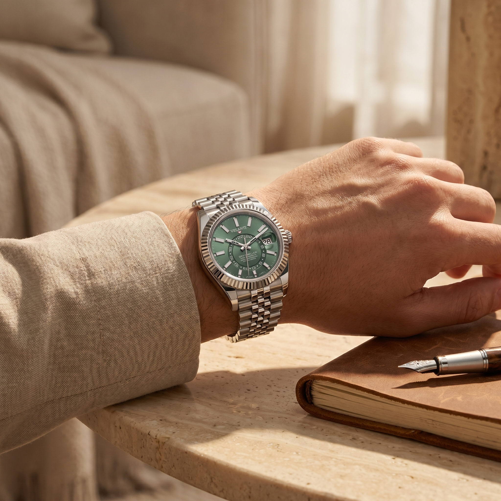 Datejust-style automatic watch, Velanti Milano Veljust Sky Dweller Mint Green, product photo 4