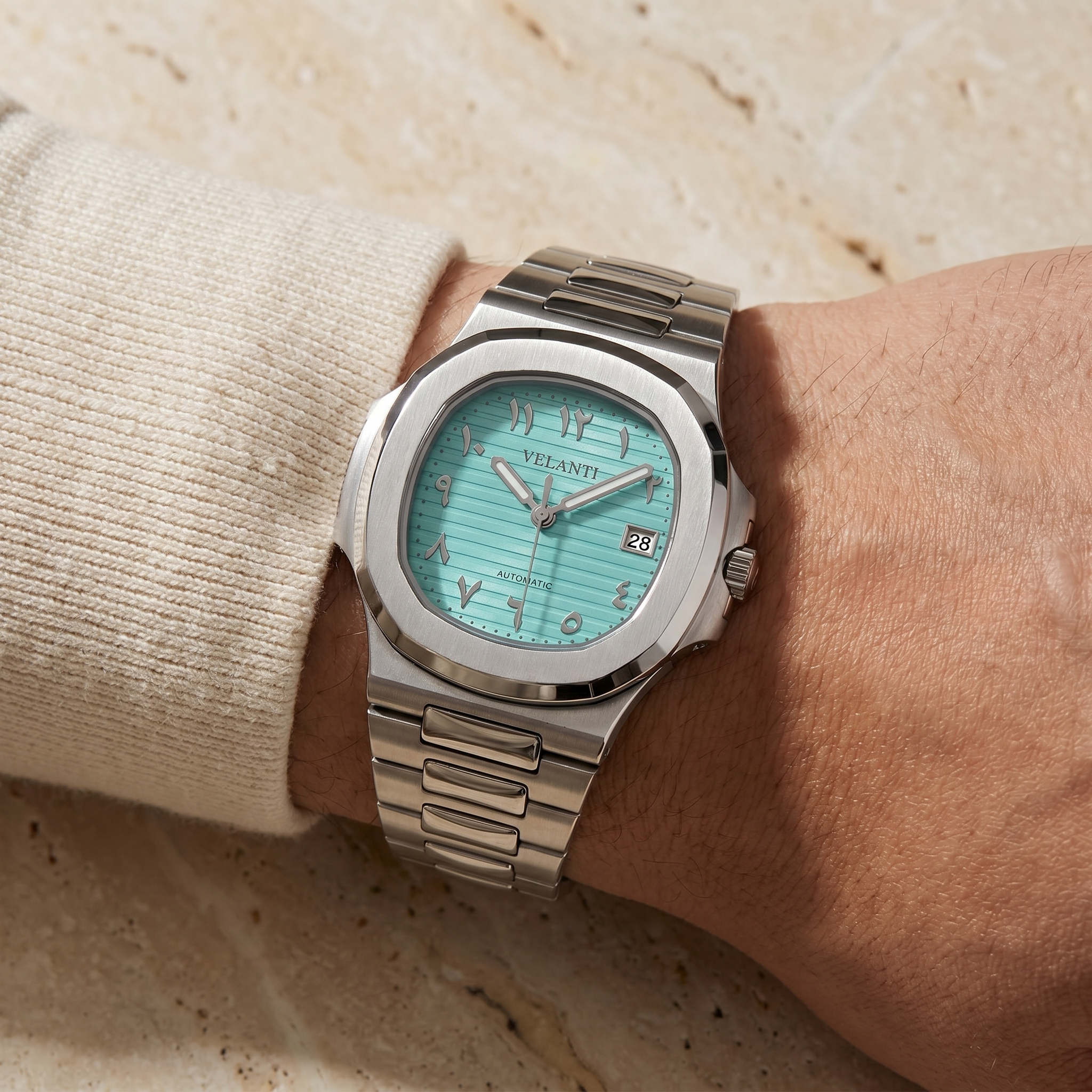 Nautilus-style automatic watch, Velanti Milano Nautvel Arabic Tiffany Blue, product photo 3