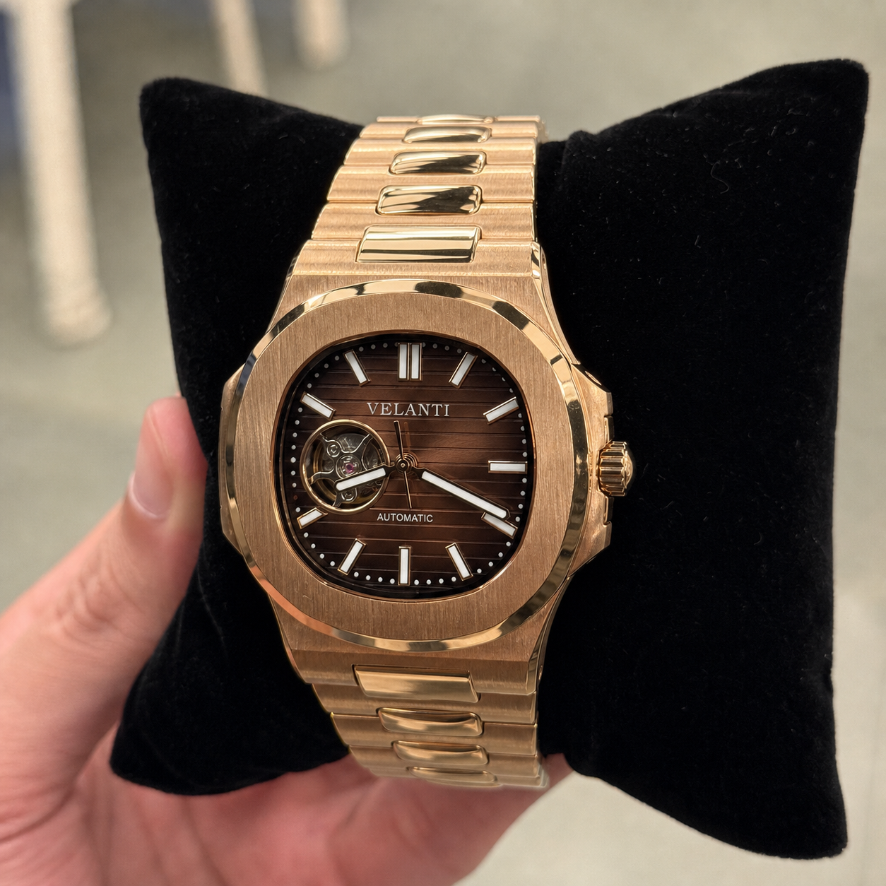 Nautilus-style custom mod watch, Velanti Milano Nautvel Rose Gold Chocolate Open Heart, product photo 6