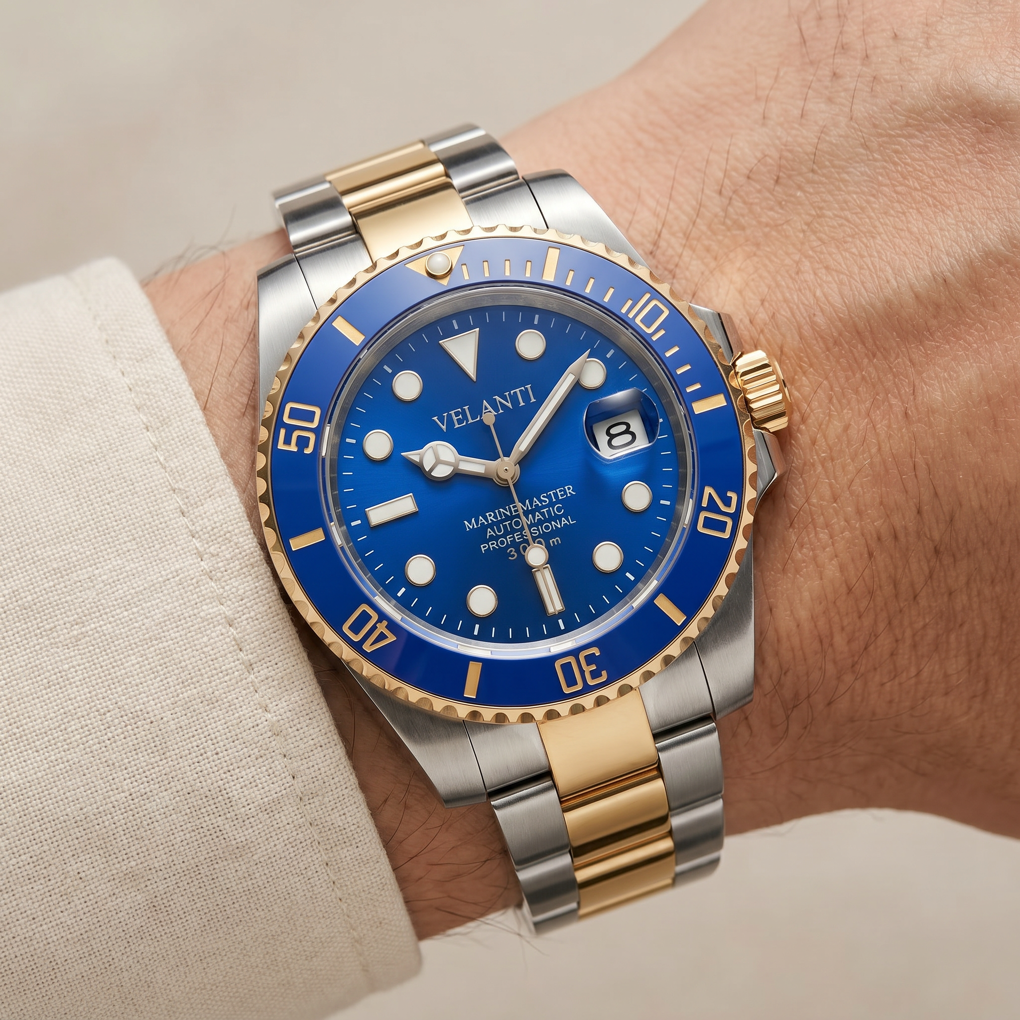 Submariner-style automatic watch, Velanti Milano Velmariner Blue (Two Tones) worn on wrist photo 8