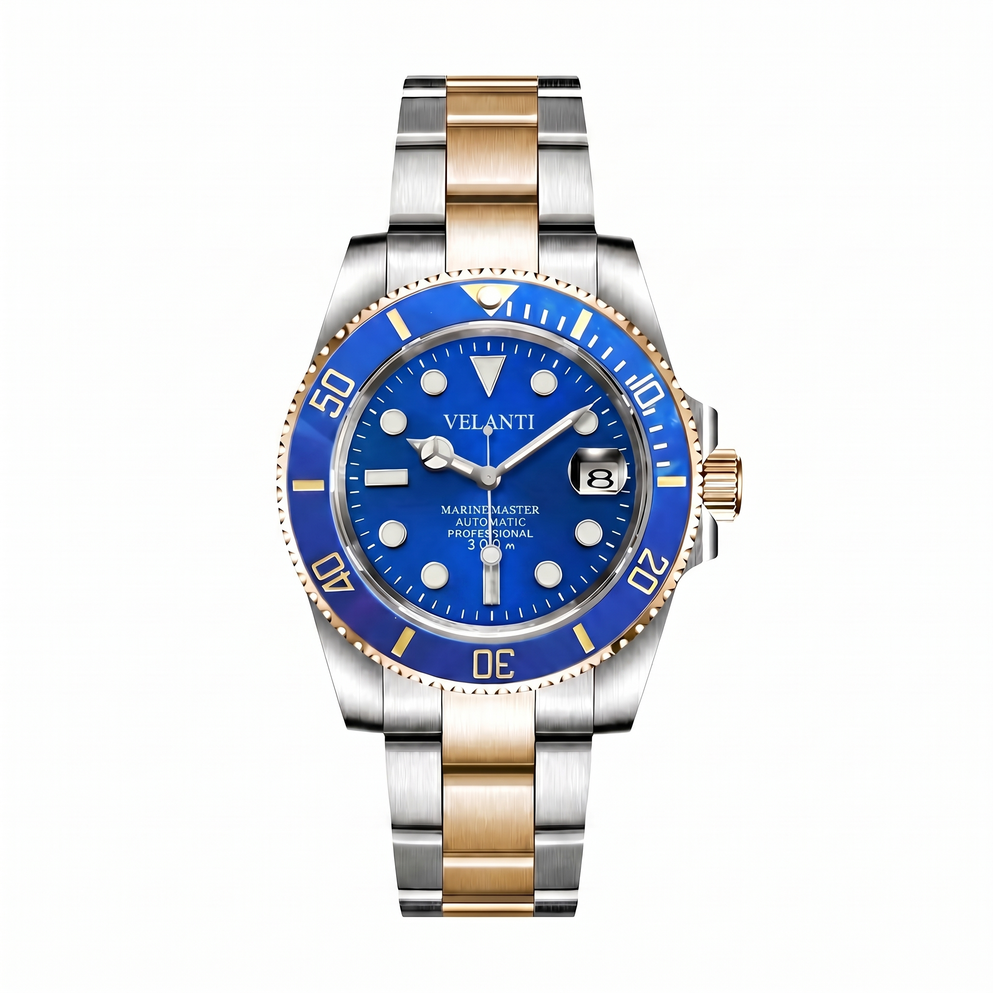 Submariner-style automatic watch, Velanti Milano Velmariner Blue (Two Tones), watch detail photo