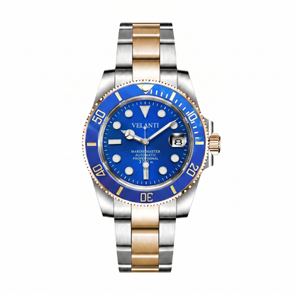 Submariner-style custom automatic watch, Velanti Milano Velmariner Blue (Two Tones), watch detail photo