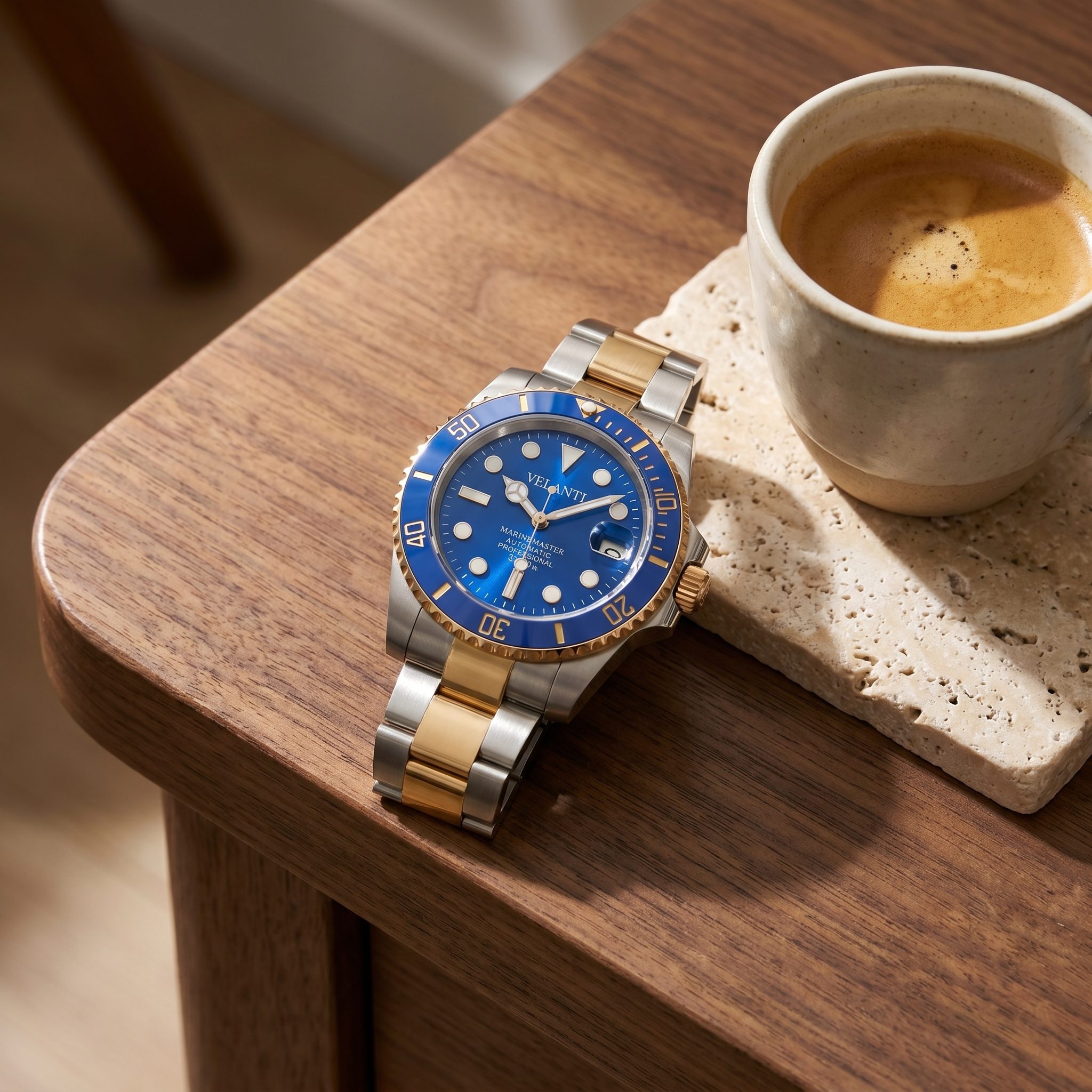 Submariner-style automatic watch, Velanti Milano Velmariner Blue (Two Tones) worn on wrist photo 5
