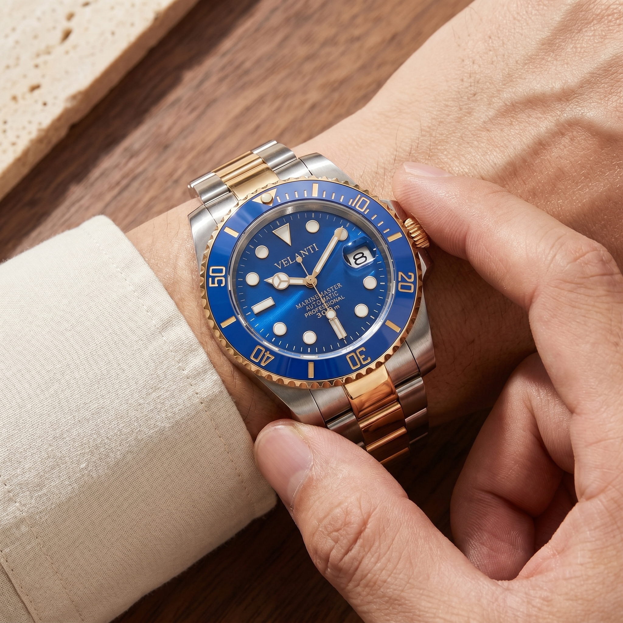 Submariner-style automatic watch, Velanti Milano Velmariner Blue (Two Tones) worn on wrist photo 3