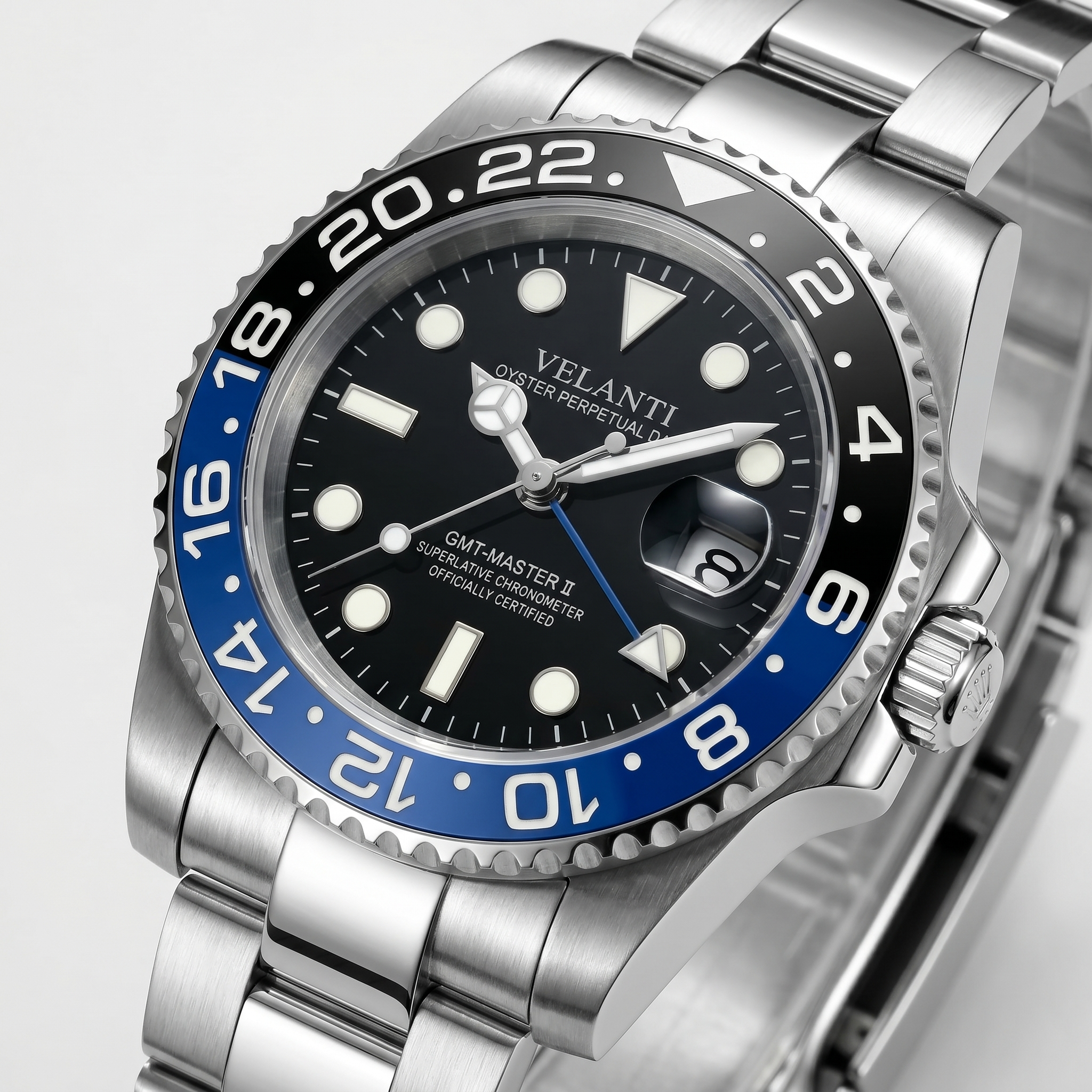 GMT-style automatic watch, Velanti Milano Gmtvel Batman, watch detail photo