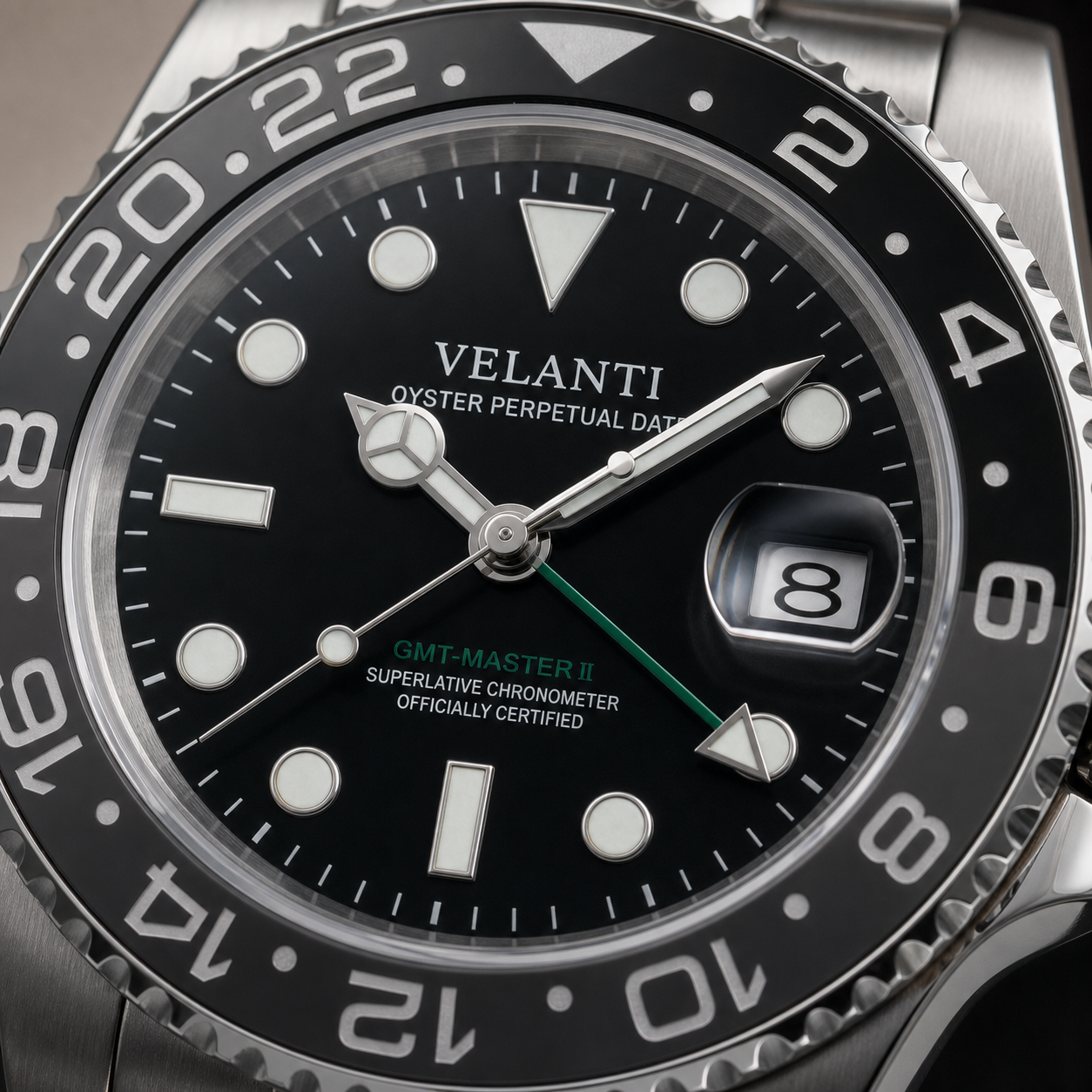 GMT-style automatic watch, Velanti Milano Gmtvel Bruce Wayne, dial close-up