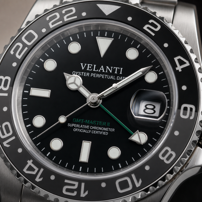 GMT-style custom automatic watch, Velanti Milano Gmtvel Bruce Wayne, dial close-up