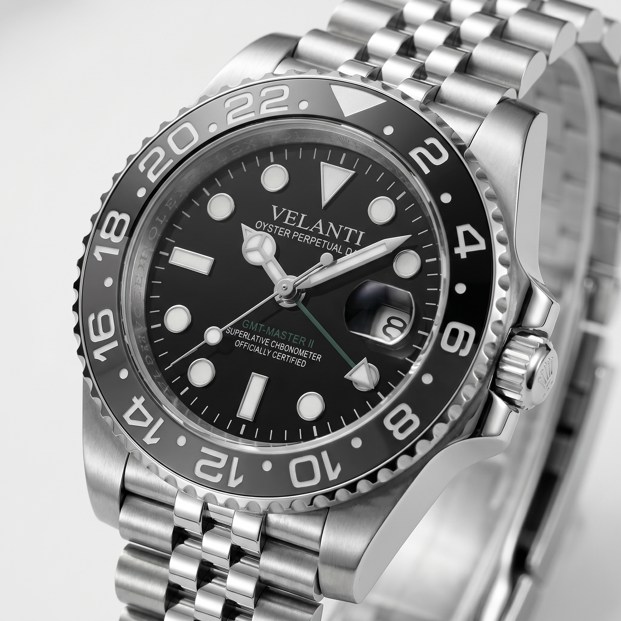 GMT-style automatic watch, Velanti Milano Gmtvel Bruce Wayne, watch detail photo