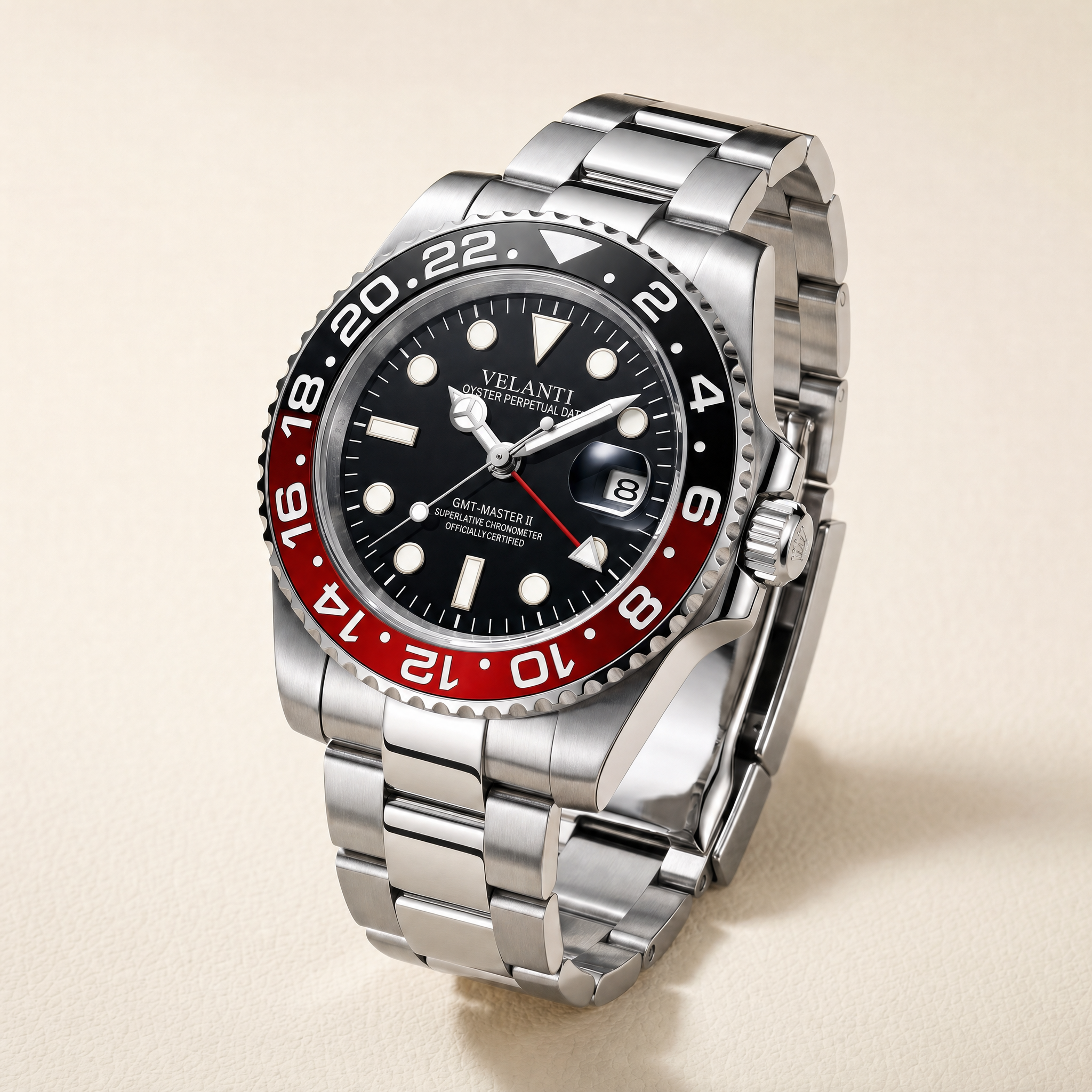 GMT-style automatic watch, Velanti Milano Gmtvel Coke, watch detail photo