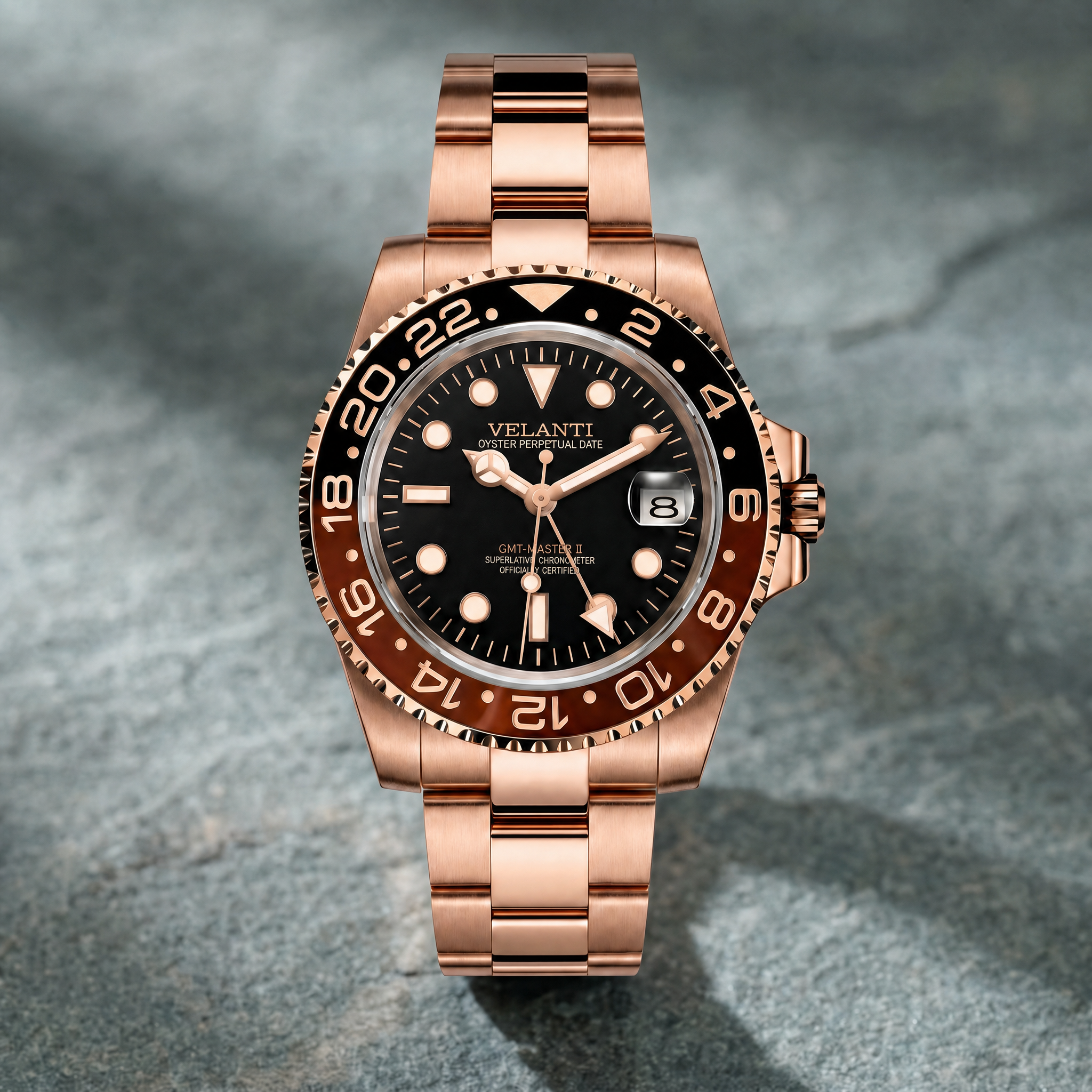 GMT-style automatic watch, Velanti Milano Gmtvel Rootbeer, watch detail photo