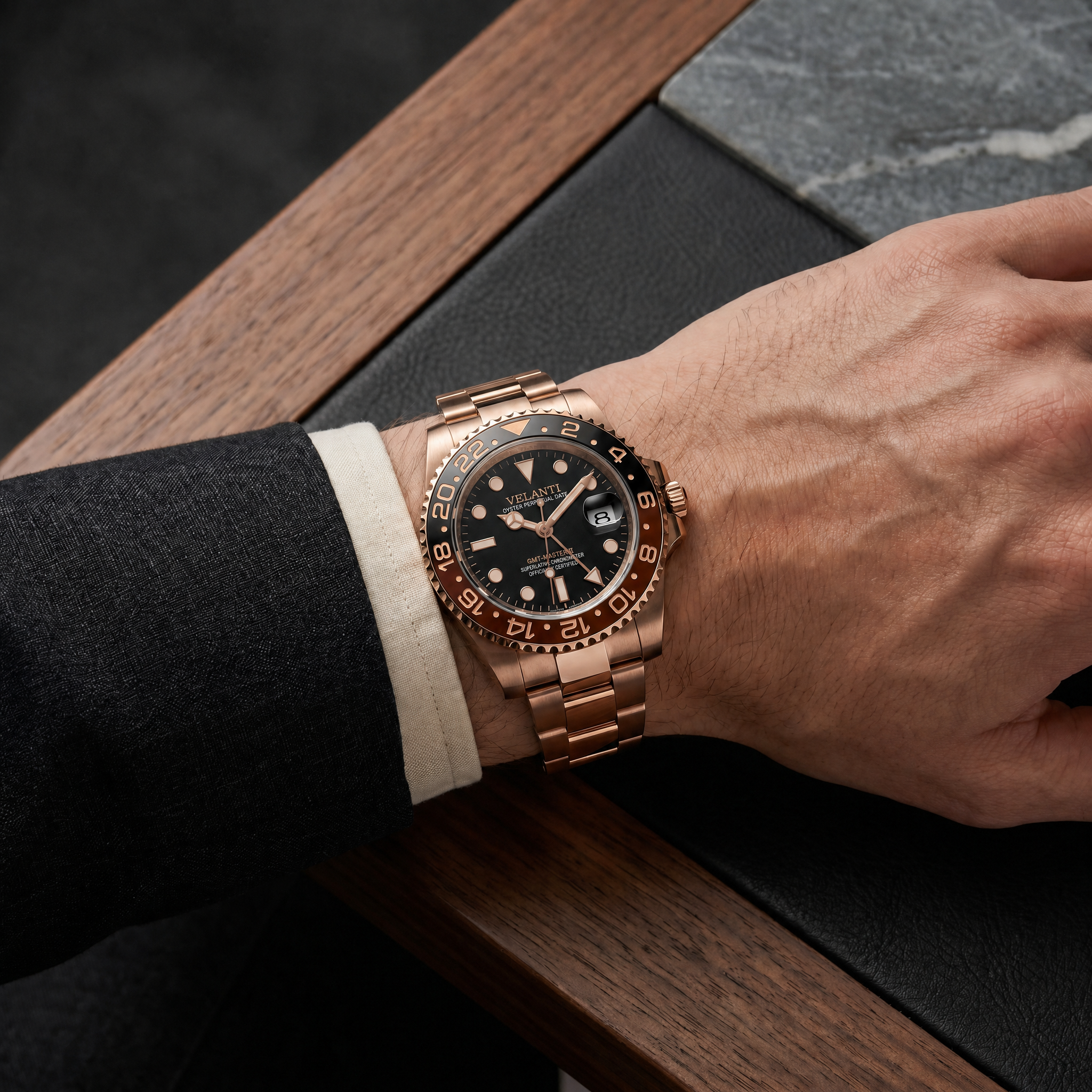 GMT-style automatic watch, Velanti Milano Gmtvel Rootbeer worn on wrist