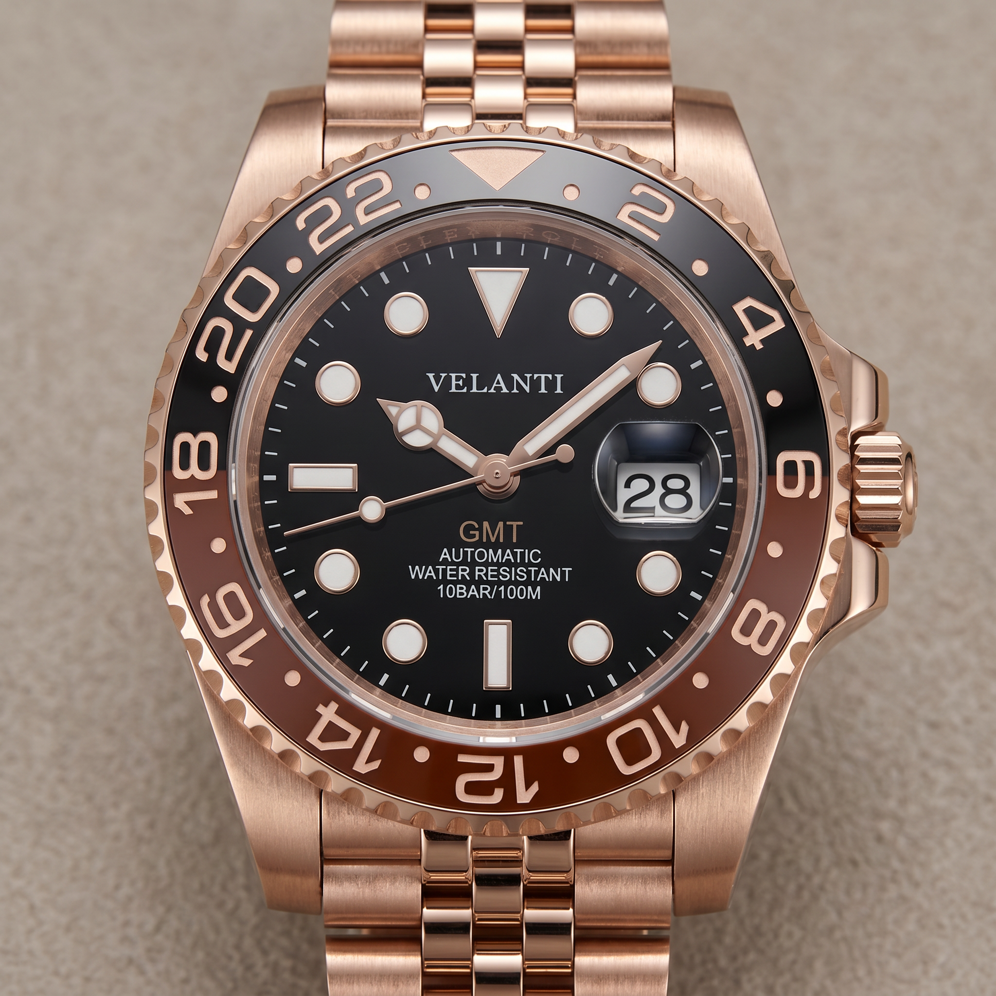 GMT-style automatic watch, Velanti Milano Gmtvel Rose Gold Rootbeer, watch detail photo 7
