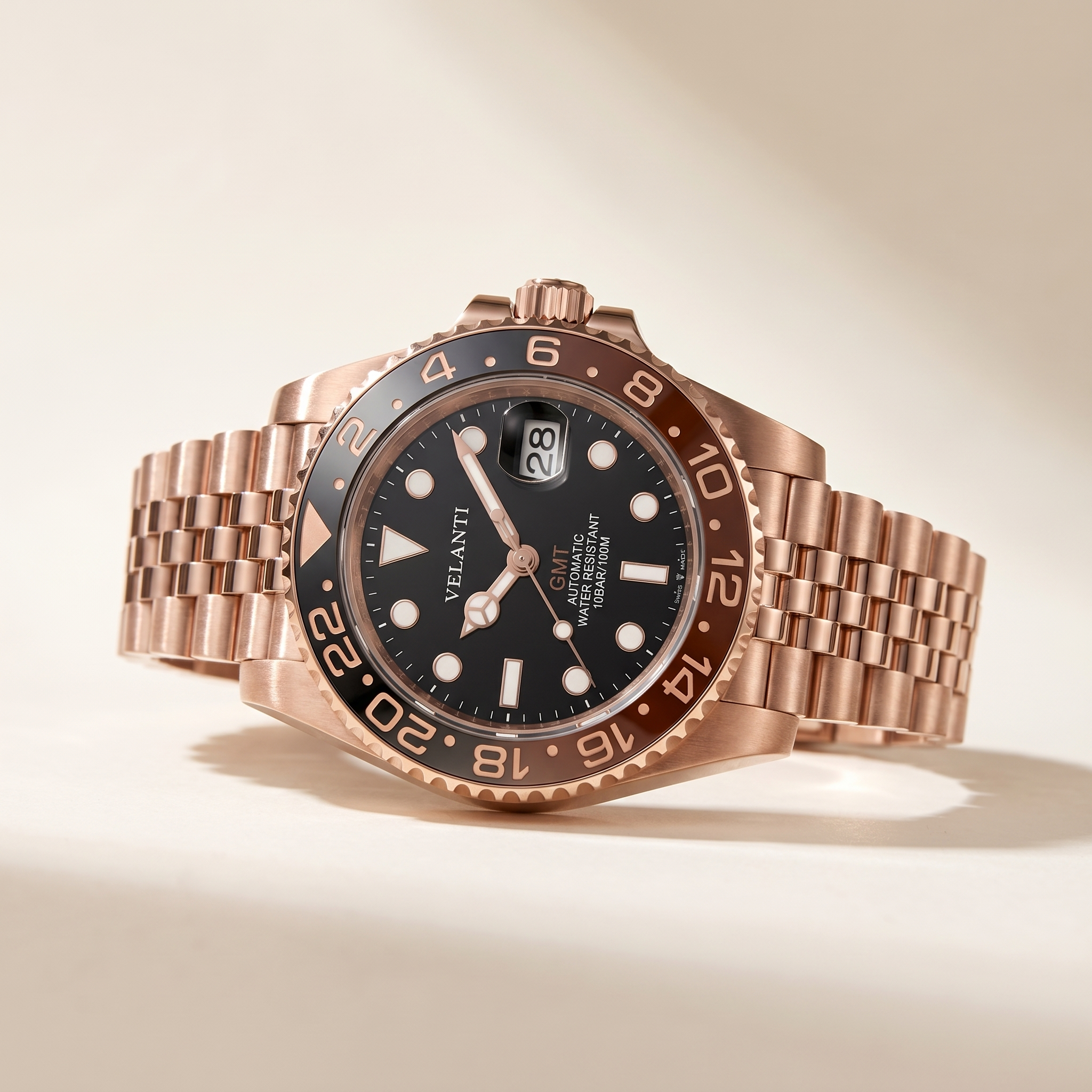 GMT-style automatic watch, Velanti Milano Gmtvel Rose Gold Rootbeer, watch detail photo 8