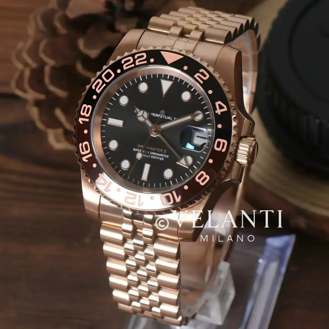 GMT-style automatic watch, Velanti Milano Gmtvel Rose Gold Rootbeer, product photo 2