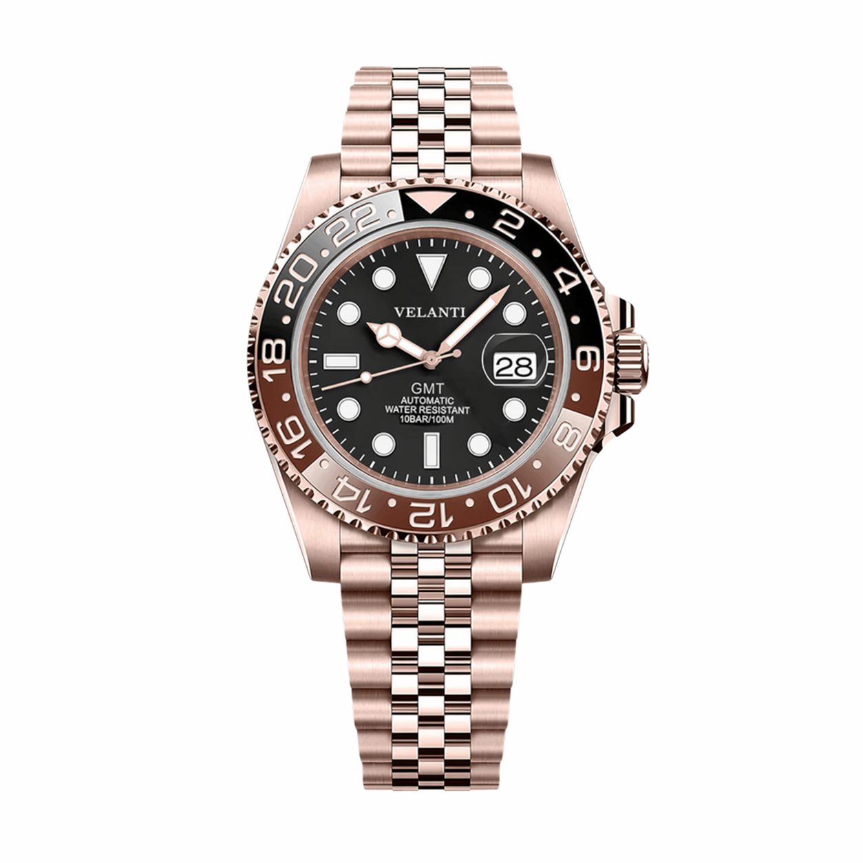 GMT-style automatic watch, Velanti Milano Gmtvel Rose Gold Rootbeer, main product photo