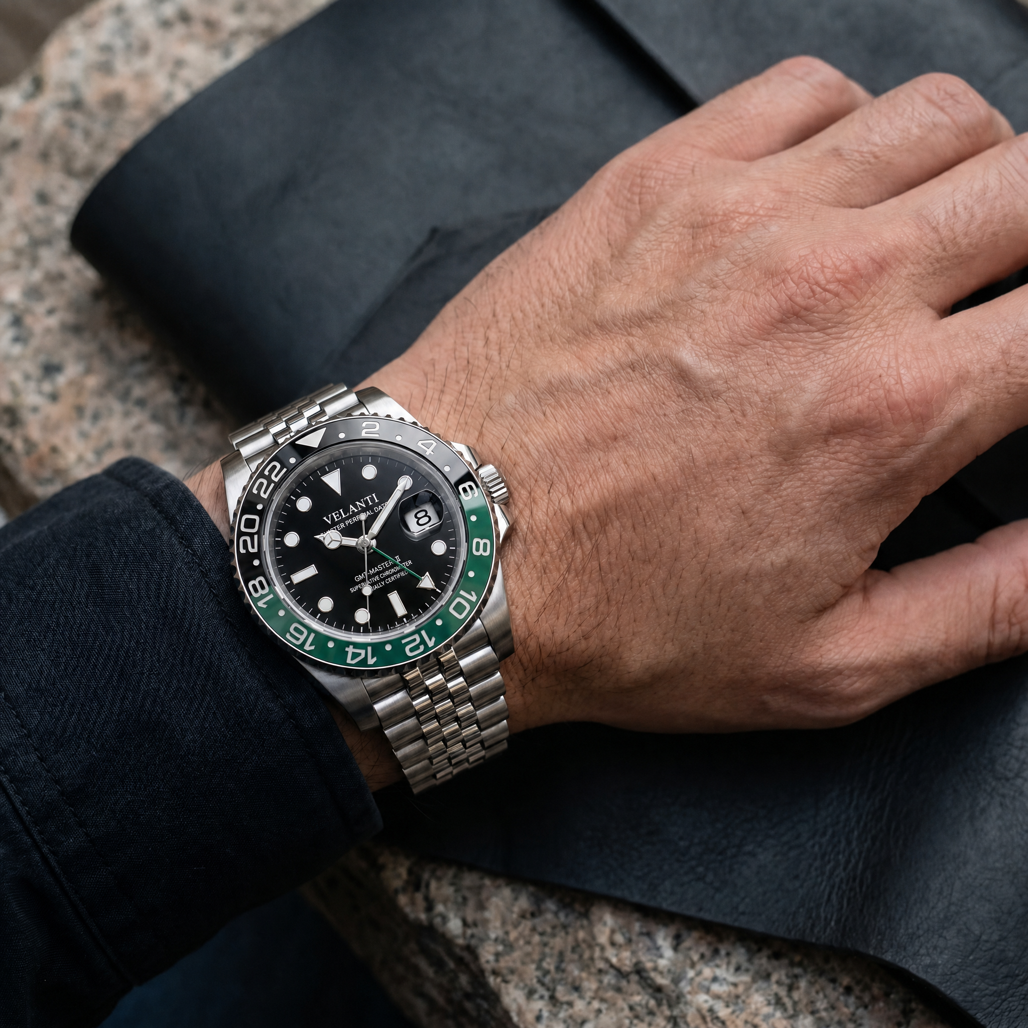 GMT-style automatic watch, Velanti Milano Gmtvel Sprite worn on wrist