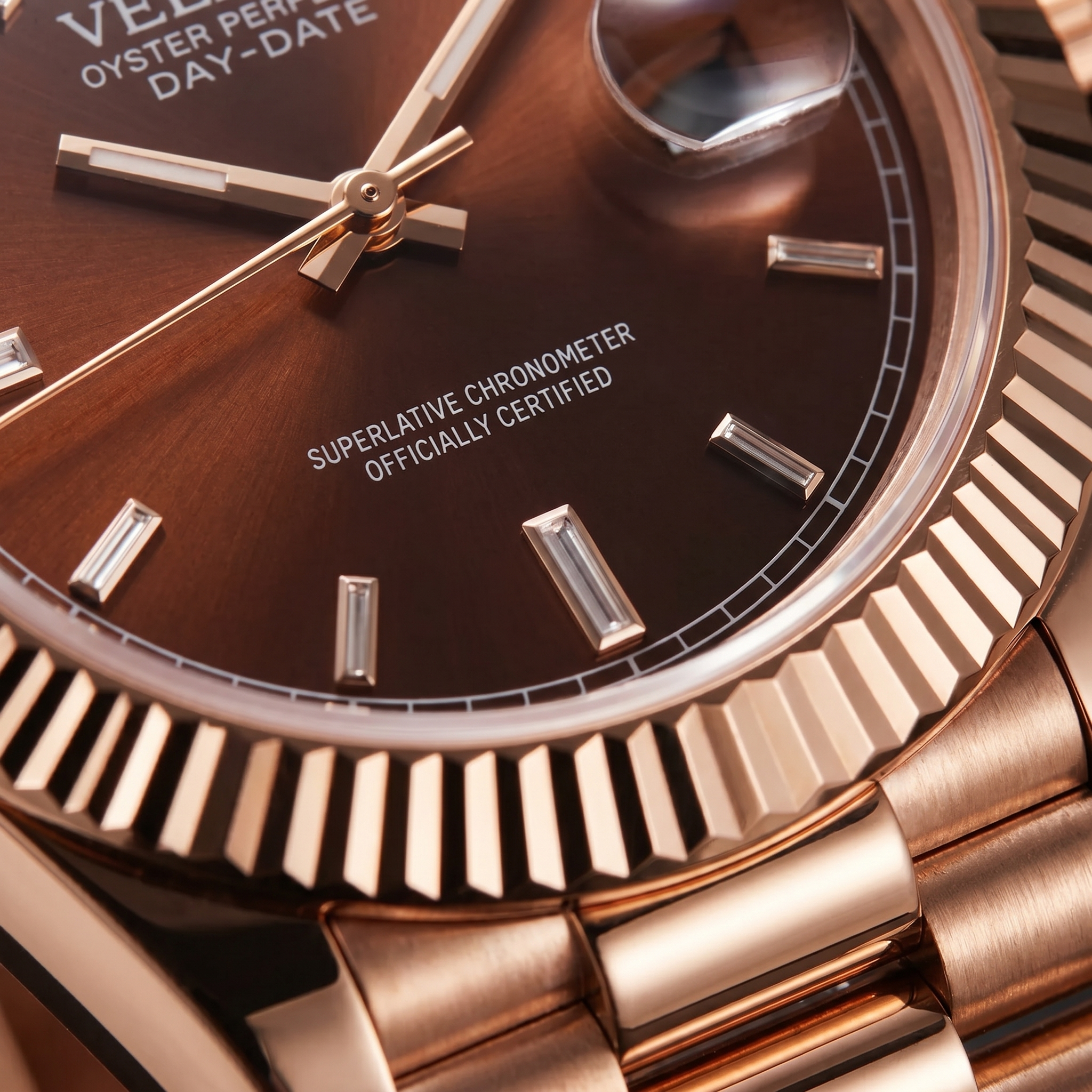 Datejust-style automatic watch, Velanti Milano Veljust Daydate Rose Gold Chocolate Crystals, product photo 3
