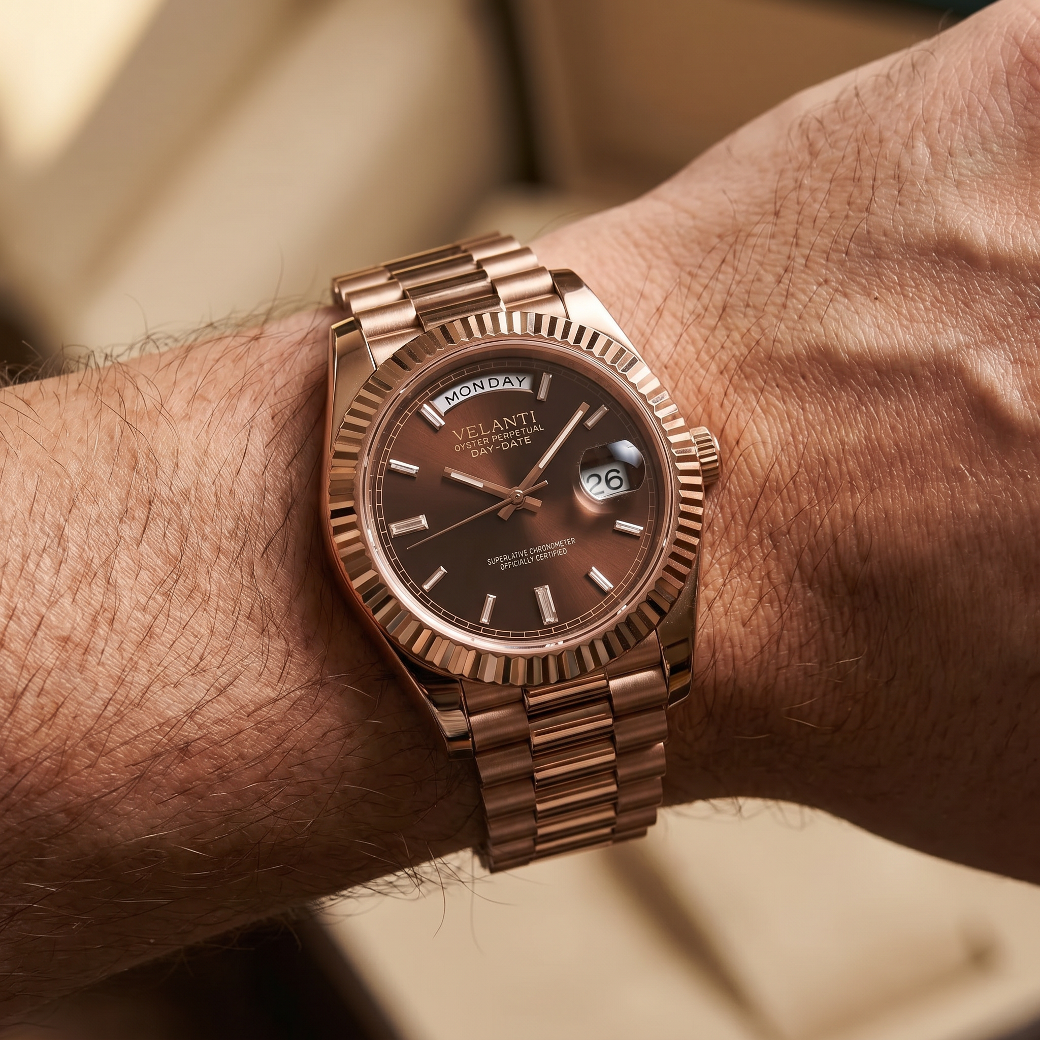 Datejust-style automatic watch, Velanti Milano Veljust Daydate Rose Gold Chocolate Crystals, product photo 2